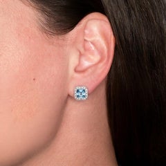 Tiffany & Co Legacy Platinum Aquamarine Diamond Halo Stud Earrings 3.20 Carats