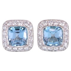 Tiffany & Co Legacy Platinum Aquamarine Diamond Halo Stud Earrings 3.20 Carats