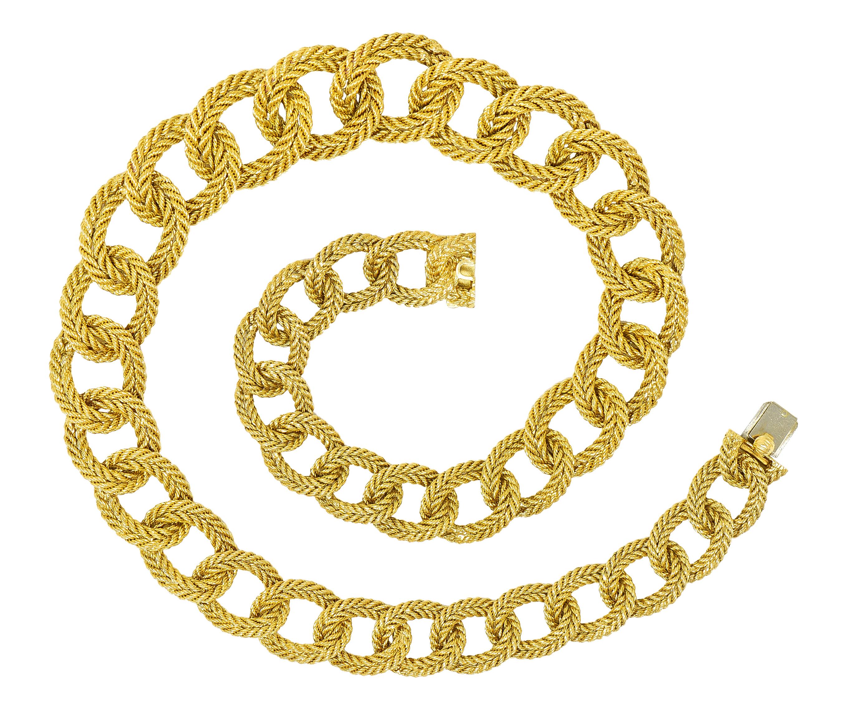 Designed as a curb chain necklace with links graduating in size. Featuring twisted rope motif throughout. Completed by hidden clasp closure with hinged safety. Stamped 750 with French assay marks for 18 karat gold. Numbered and fully signed Tiffany