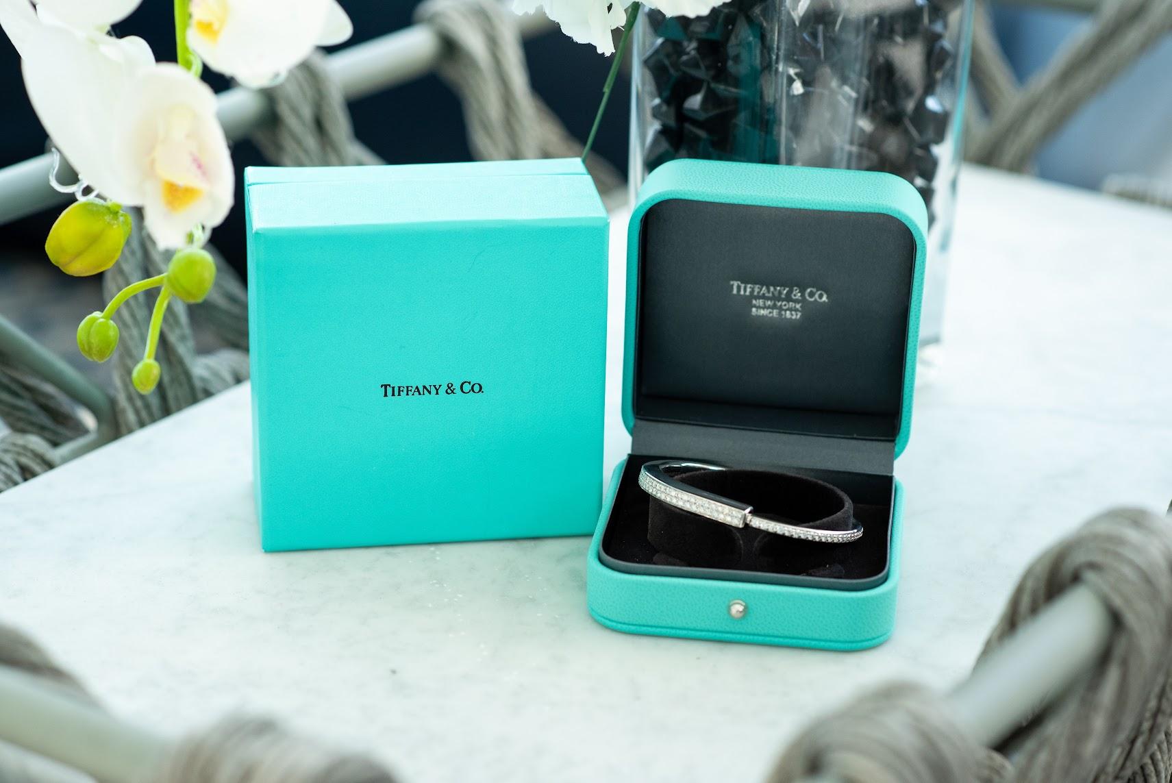 Round Cut Tiffany & Co. Lock Bangle in White Gold and Full Pavé Diamonds For Sale