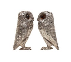 Tiffany & Co. London Sterling Silver Salt and Pepper Shakers Owl Form, 1966
