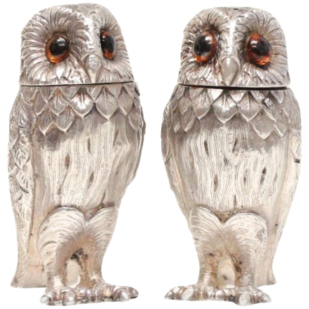Tiffany & Co. London Sterling Silver Salt and Pepper Shakers Owl Form, 1966
