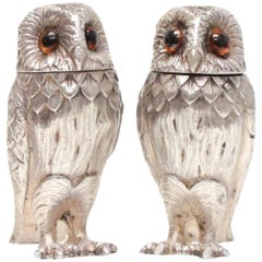 Vintage Tiffany & Co. London Sterling Silver Salt and Pepper Shakers Owl Form, 1966