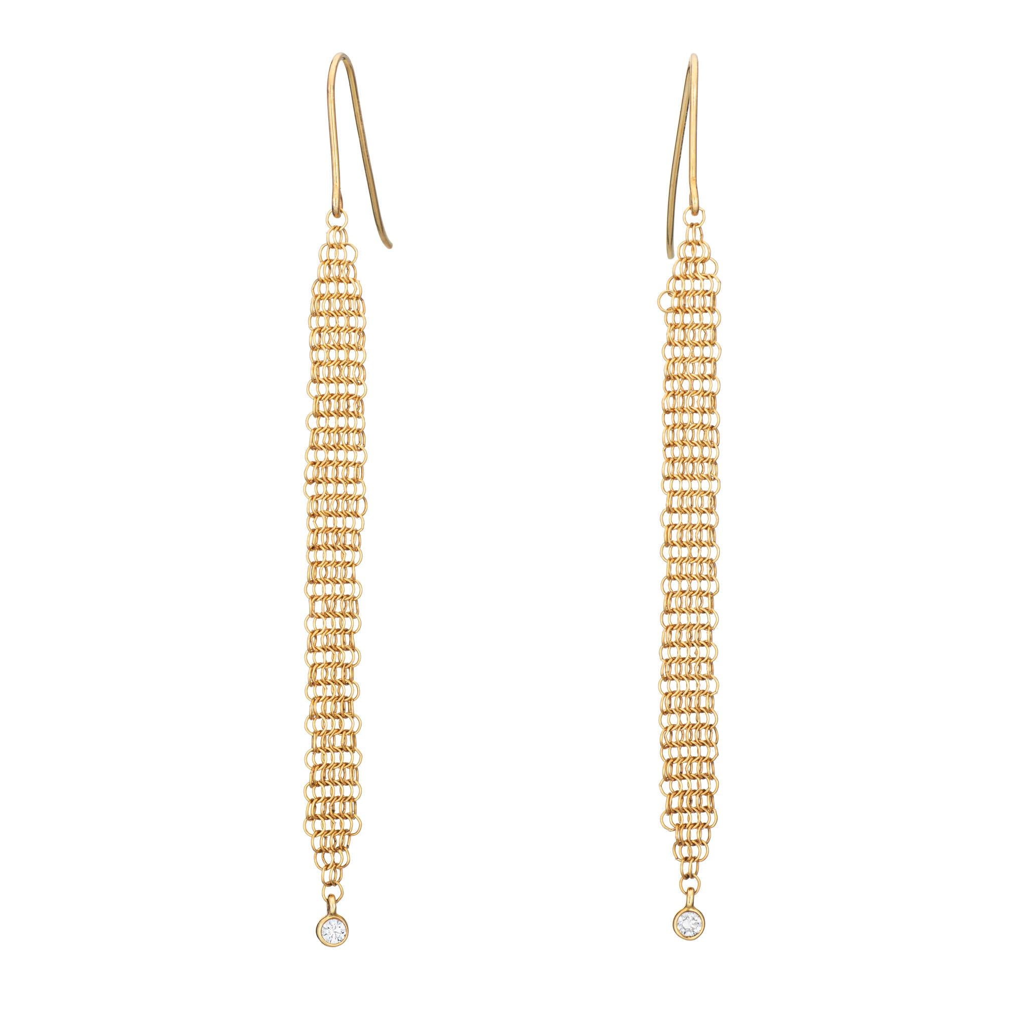 Finely detailed pair of pre-owned Tiffany & Co mesh diamond earrings crafted in 18k yellow gold. 

Inspired by her time in Jaipur, Elsa Peretti created the mesh collection with finely woven designs to flow and drape like fabric around the contours