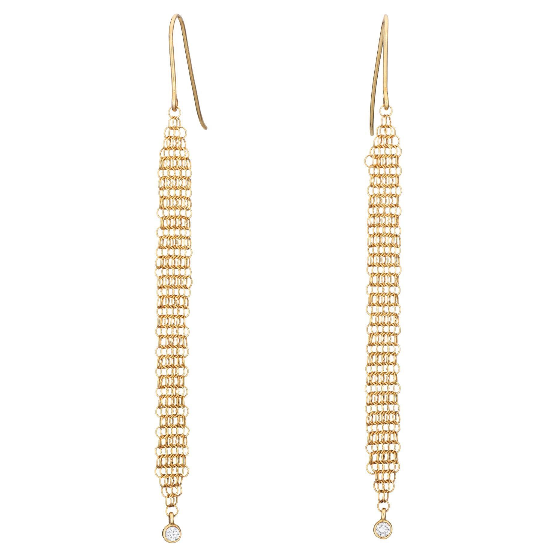 Tiffany & Co Long Mesh Drop Earrings Diamond Elsa Peretti Vintage 18k Gold