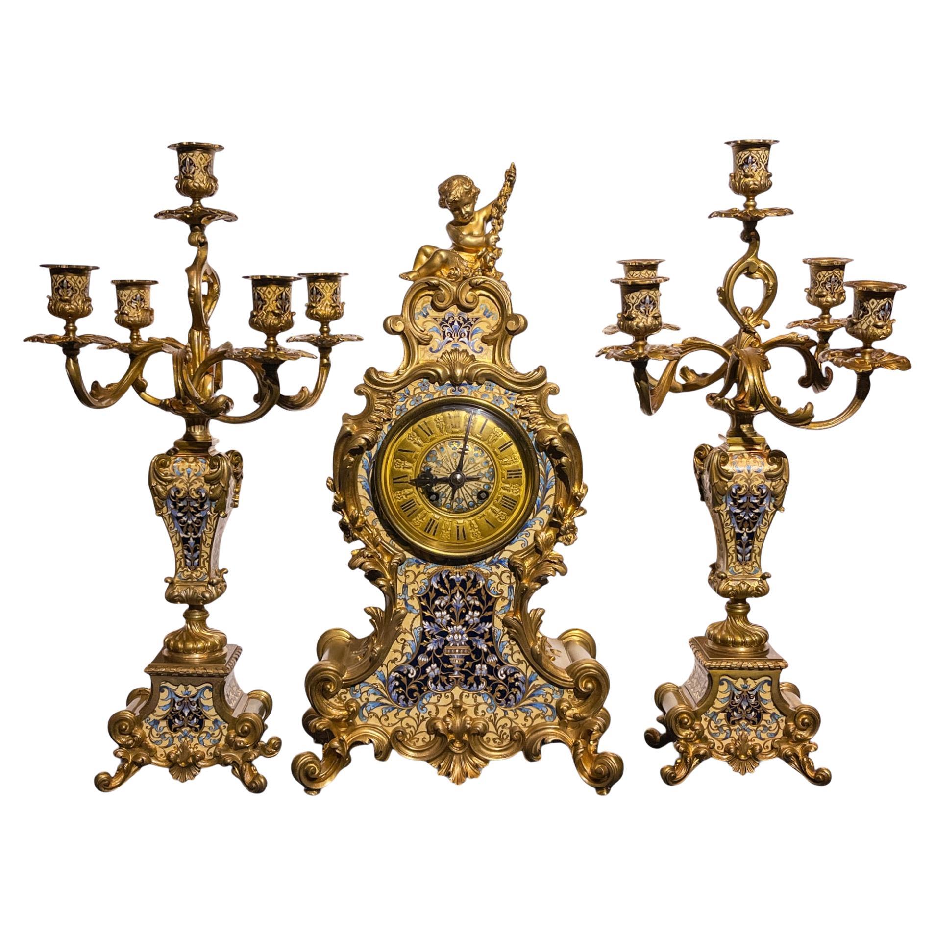 Tiffany & Co. Louis XV-style Champleve Clock  Set