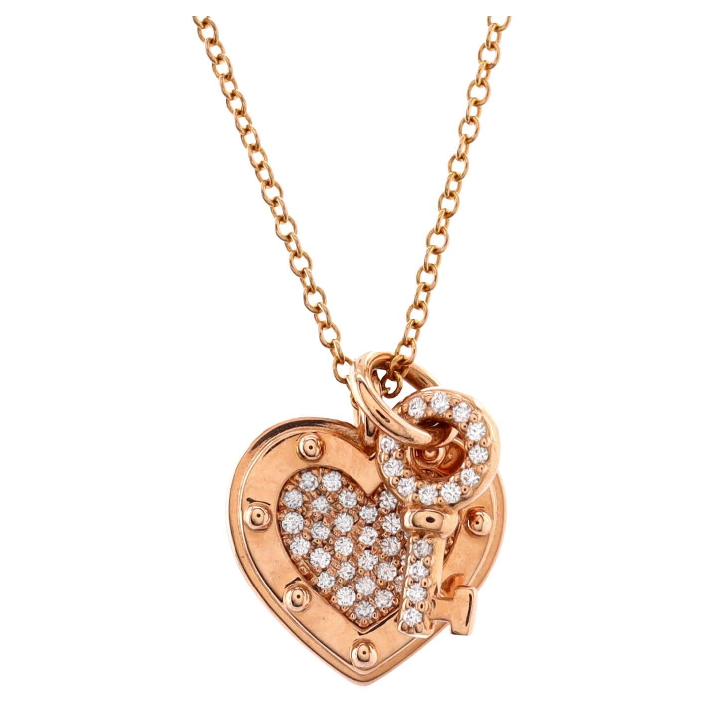 Tiffany & Co Love Heart Tag Key Pendant Necklace 18k Rose Gold with Diamonds