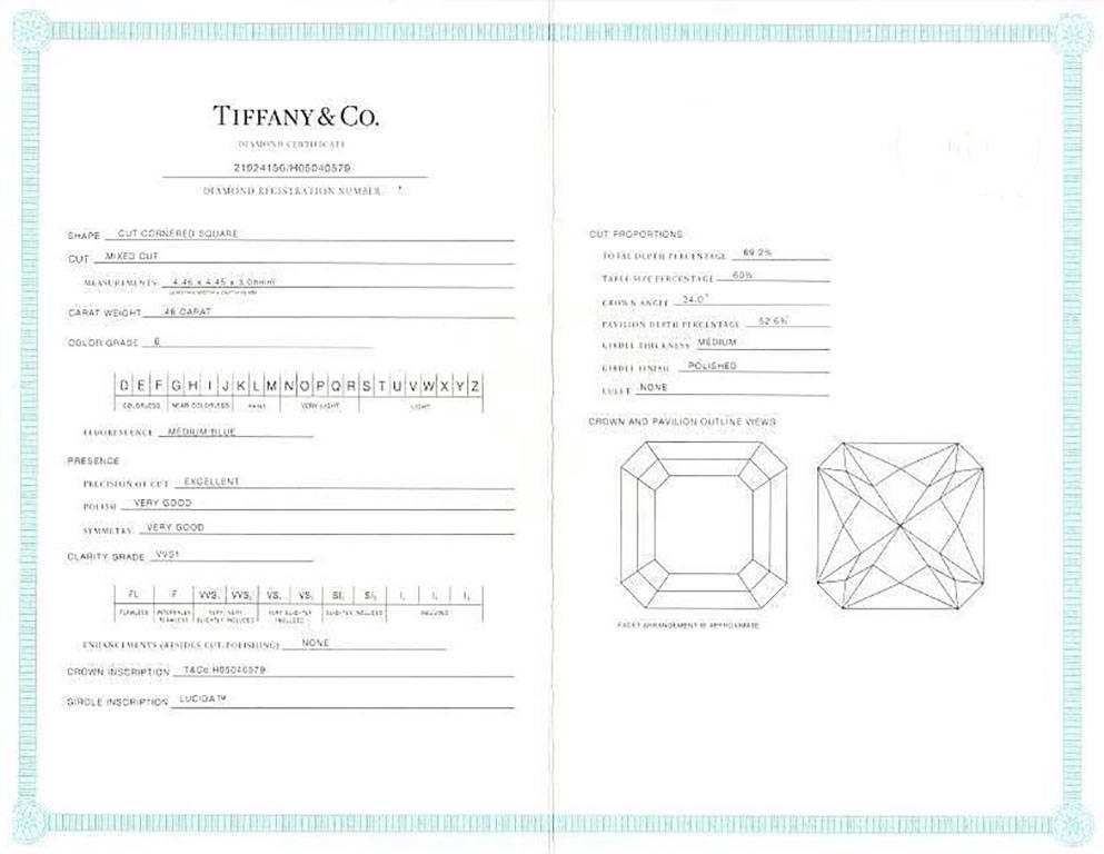 Tiffany & Co. Lucida Verlobungsring Box & Cert, 0,46 Karat E VVS1 Diamant Platin (Carréschliff) im Angebot