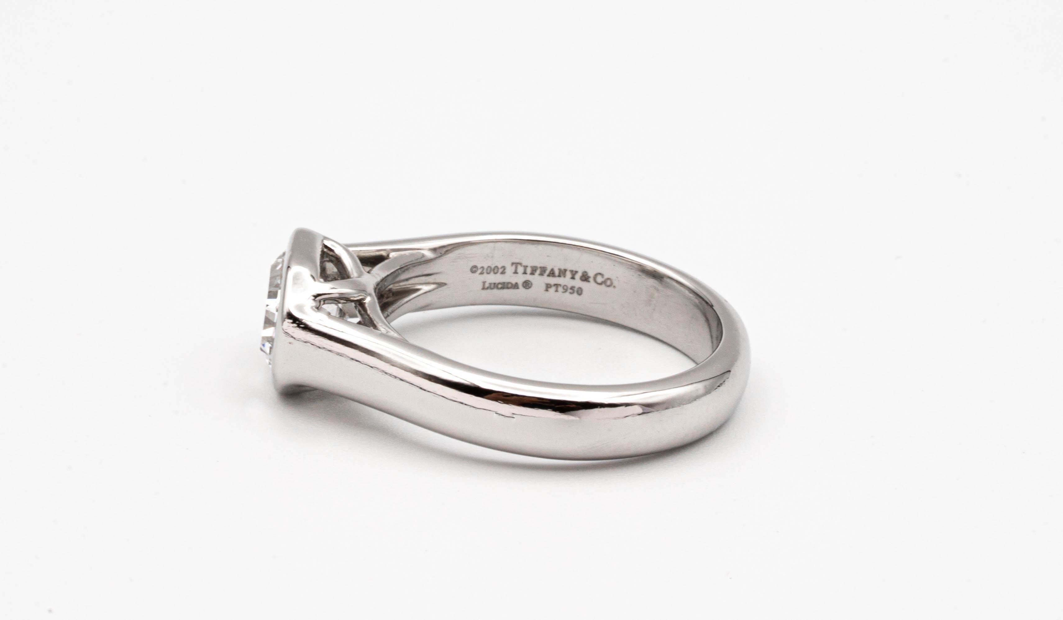 Tiffany & Co. Lucida Cut 1.04 Carat E VVS2 Bezel Set Platinum Ring In Excellent Condition In New York, NY