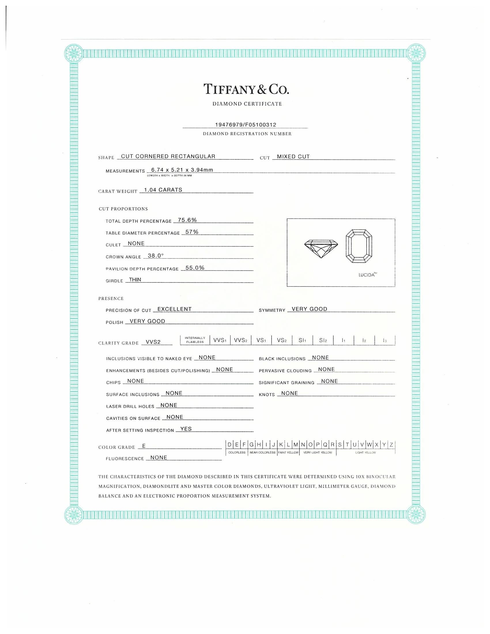 Tiffany & Co. Lucida Cut 1.04 Ct E VVS2 Bezel Set Platinum Ring Orig Box + Cert 1