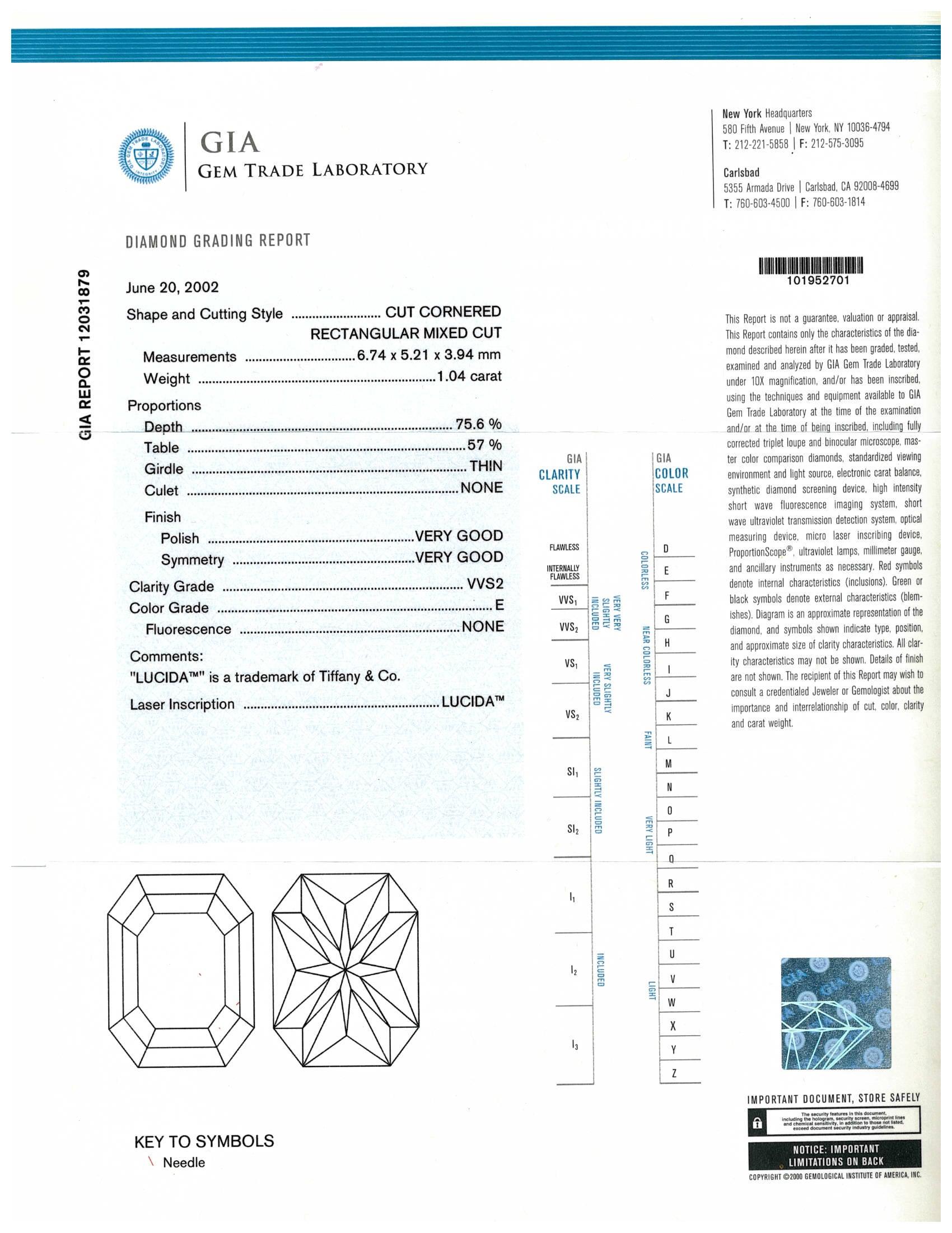 Tiffany & Co. Lucida Cut 1.04 Ct E VVS2 Bezel Set Platinum Ring Orig Box + Cert 3