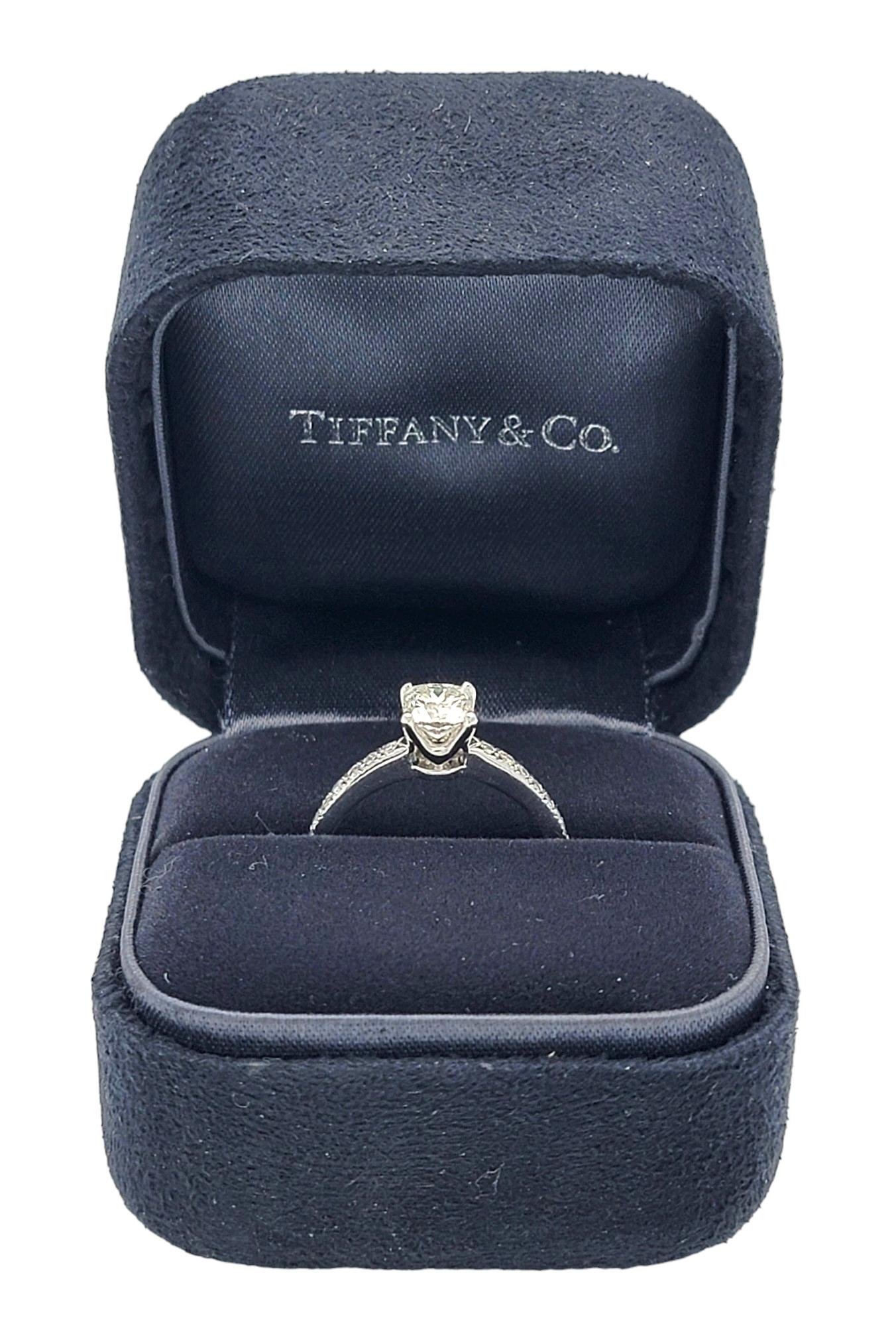 Tiffany & Co. Lucida Cut .70 Diamond Engagement Ring in Platinum with Pave Band For Sale 4