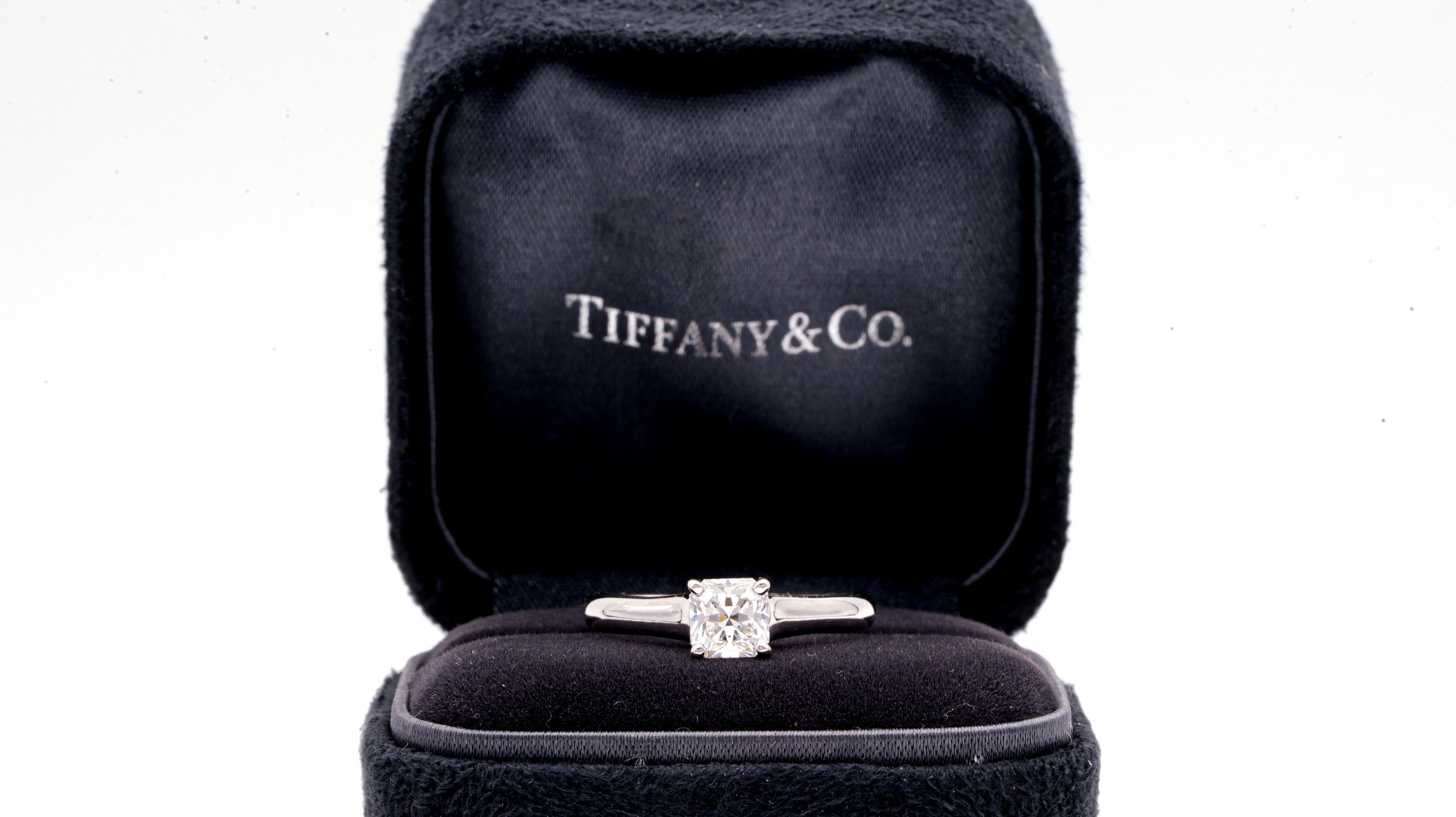 Tiffany & Co. Lucida Diamond engagement ring with 0.80 ct center , F color , VS1 clarity finely crafted in Platinum. Accompanied by Tiffany report.  Ring size is 7.
Style: Lucida Solitaire  Metal: Platinum PT950  
Total Carat Weight: 0.80 cts 