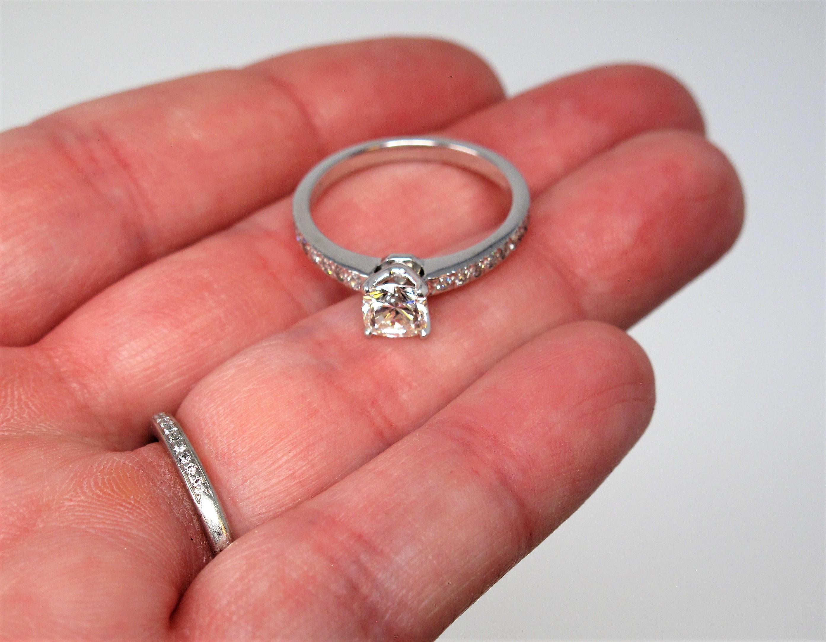 Tiffany & Co. Lucida Cut Diamond Engagement Ring in Platinum with Pave Band In Good Condition In Scottsdale, AZ