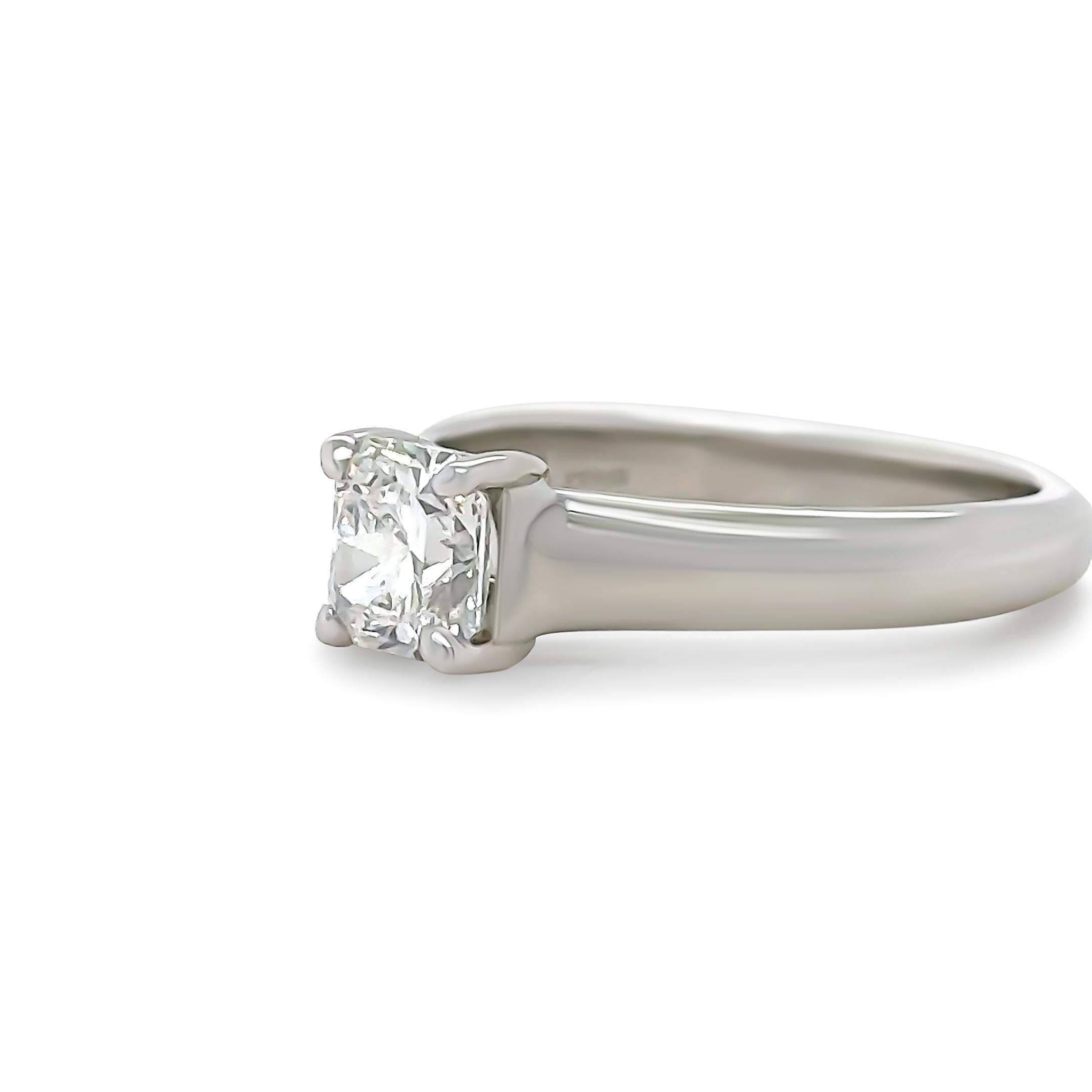 A Tiffany & Co Solitaire Lucida Cut-Cornered Square Mixed Cut Diamond Ring, four claw set in platinum on a 3.1 to 2.5mm tapered band.

Tiffany & Co report 27884059/L11090091 (laser inscribed on crown)

Measurements: 5.61 x 5.47 x 3.69mm, Depth: