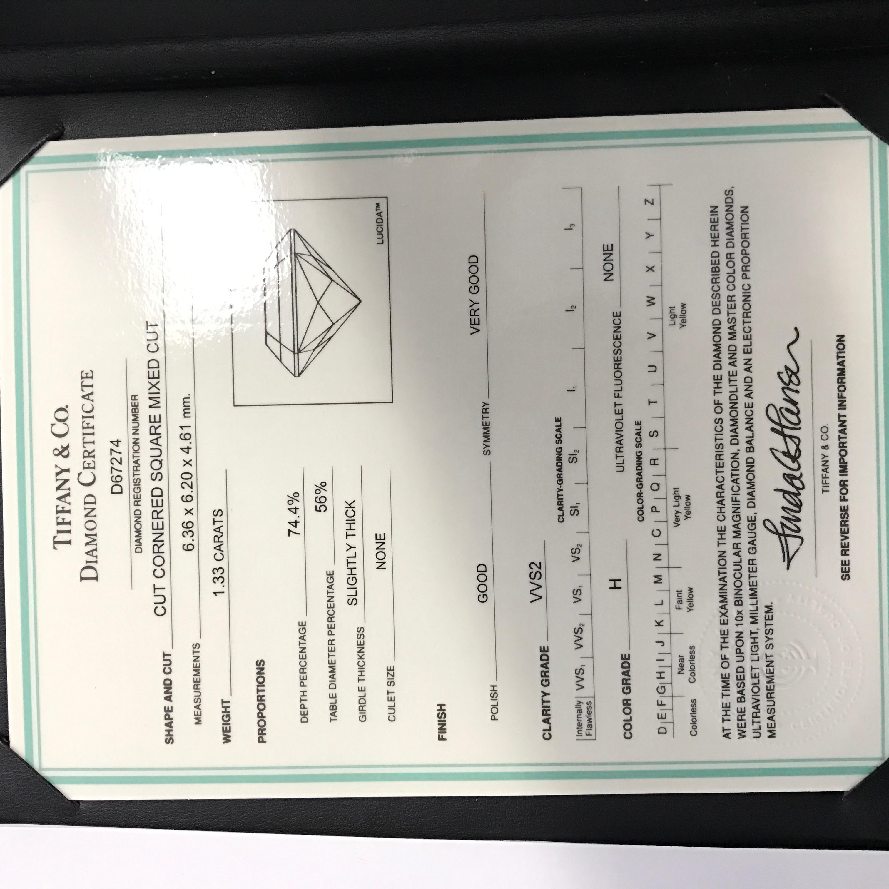Tiffany & Co. Lucida Diamond Engagement Ring 1.33 Carat, H VVS2, Retail 23 Karat For Sale 1