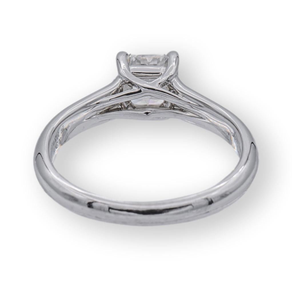 Tiffany & Co Lucida engagement ring with a 0.87 carat center E color VS2 clarity finely crafted in Platinum.  This ring would retail today at $12,000 based on Tiffany True cut pricing. Accompanied by Tiffany certificate and appraisal.

Ring