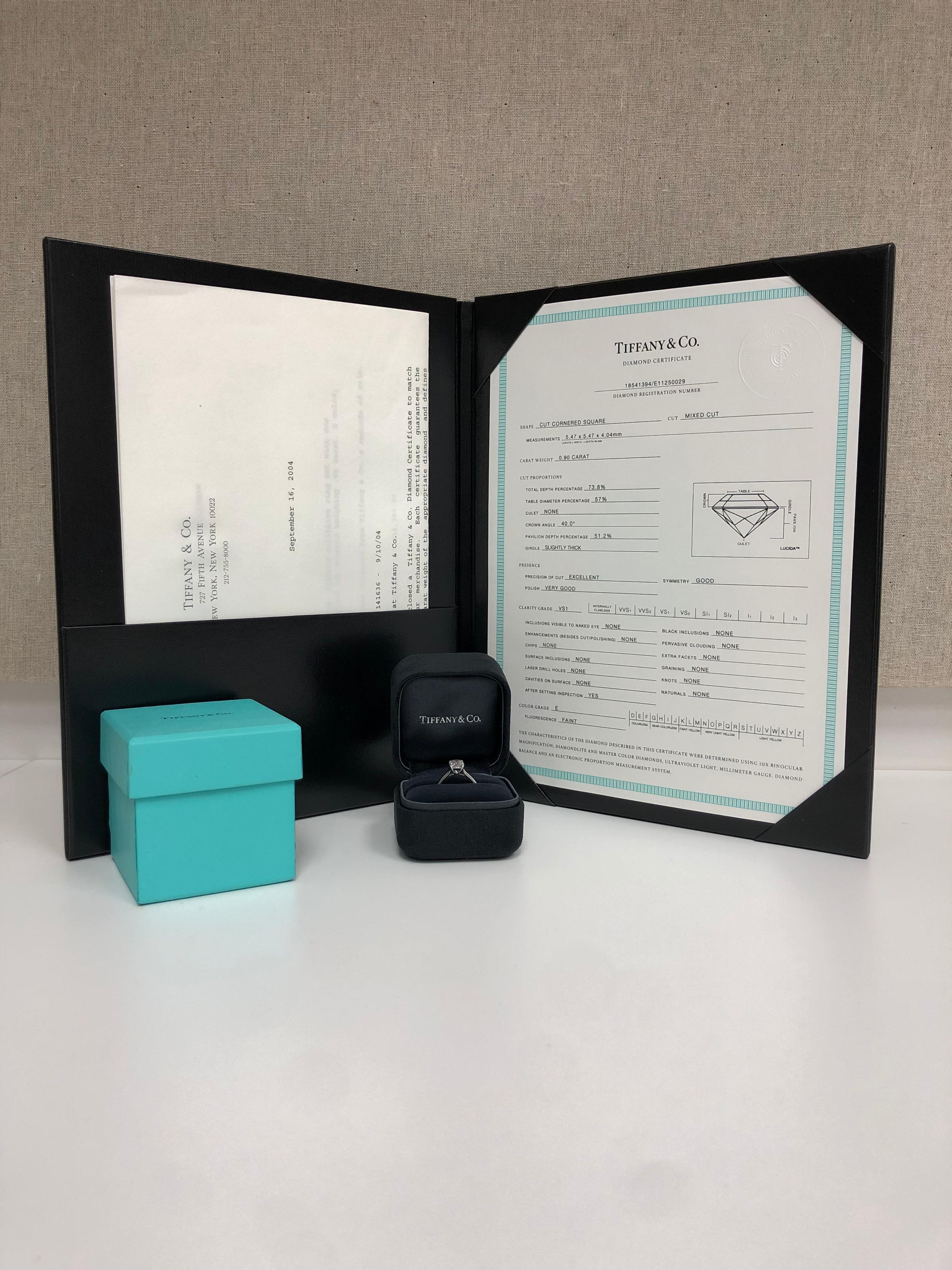 Modern Tiffany & Co. Lucida Diamond Engagement Ring .90 Ct E VS1 Platinum Excellent Cut