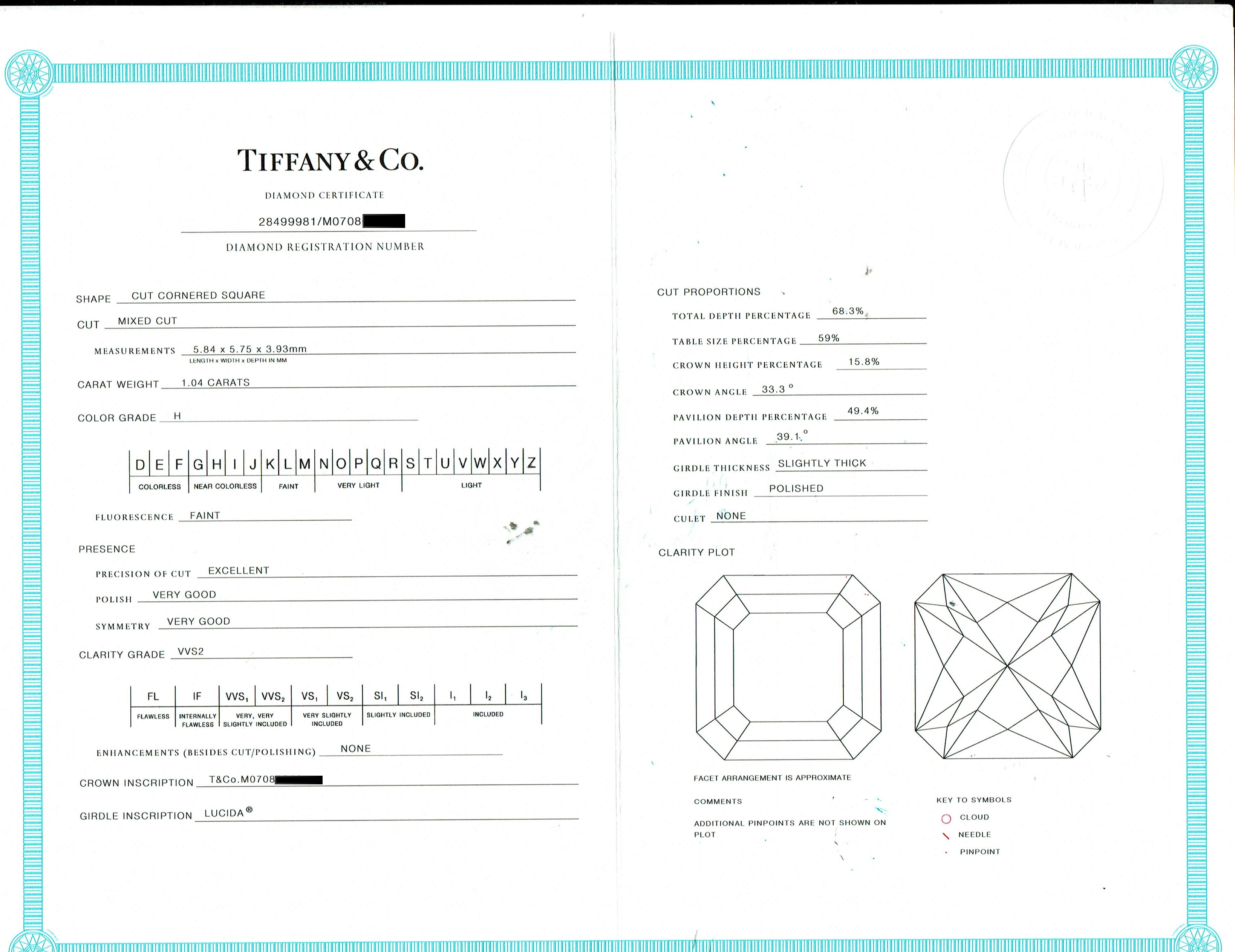 Radiant Cut Tiffany & Co Lucida Platinum Diamond Engagement Ring 1.04 CTS H VVS2 For Sale