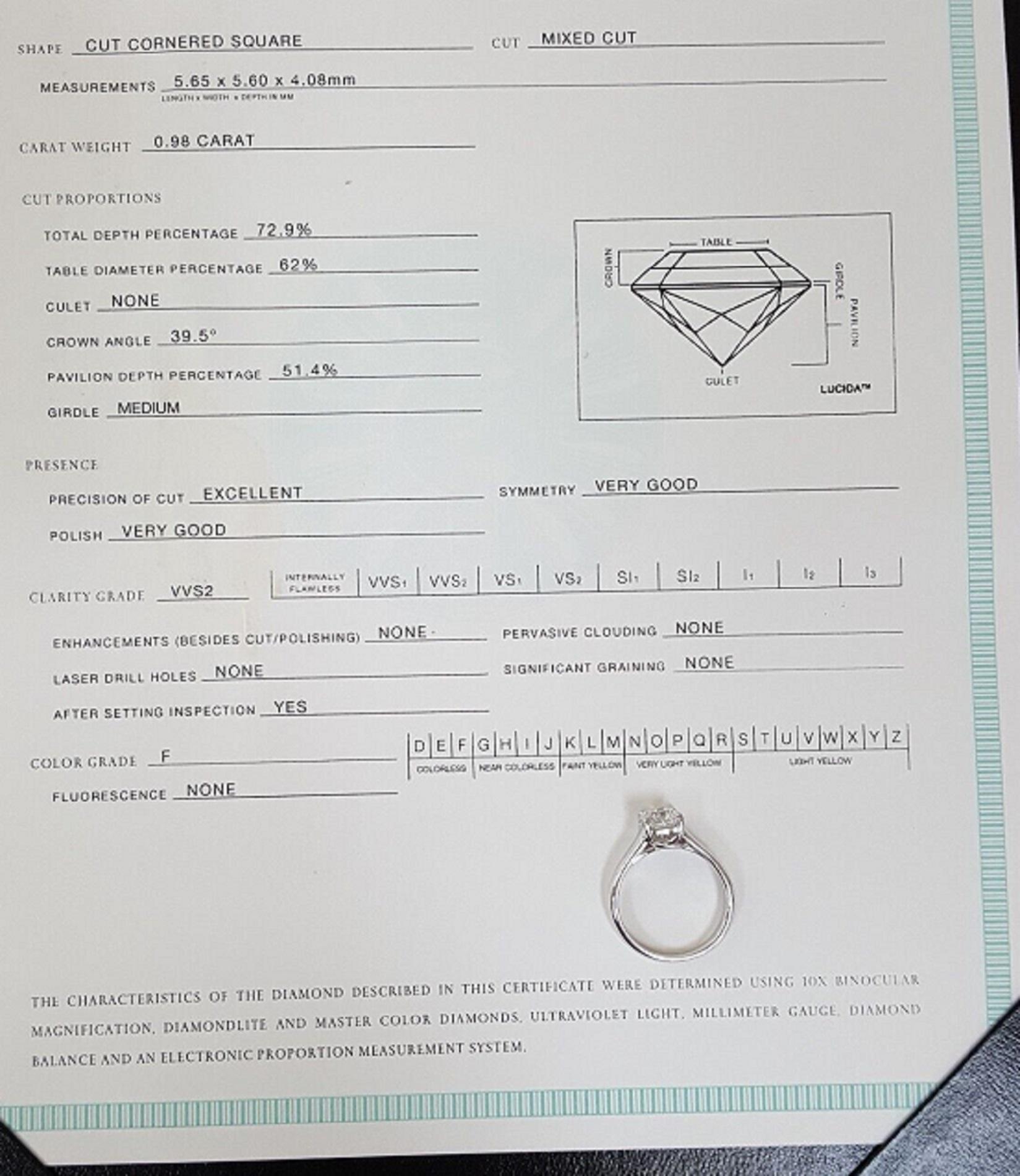 Tiffany & Co. Platinum 0.98 ct Lucida Rectangular Brilliant Cut Diamond Solitaire Engagement Ring.



The ring weighs 5.1 grams, size 5, the center stone is a Natural 0.98 ct Lucida Square Brilliant Cut diamond, F in color, VVS2 in clarity,