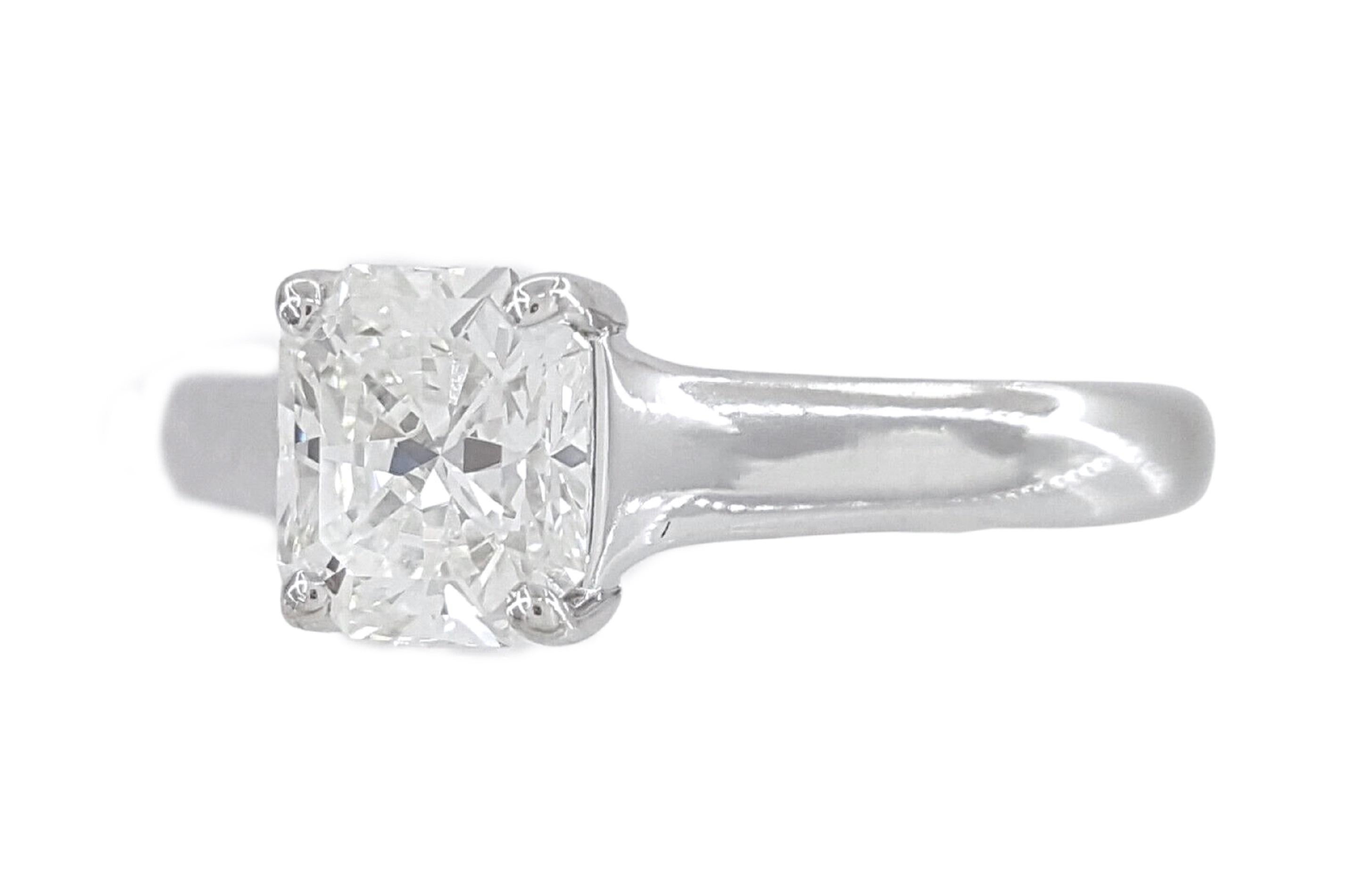 Lucida Cut Diamond Solitaire Engagement Ring.

The ring weighs 5.2 grams, size 9, the center stone is a Lucida® Rectangular Brilliant Cut diamond weighing 1.08 ct, I in color, VVS1 in clarity. The center stone has a EXCELLENT Cut, Very Good Polish,