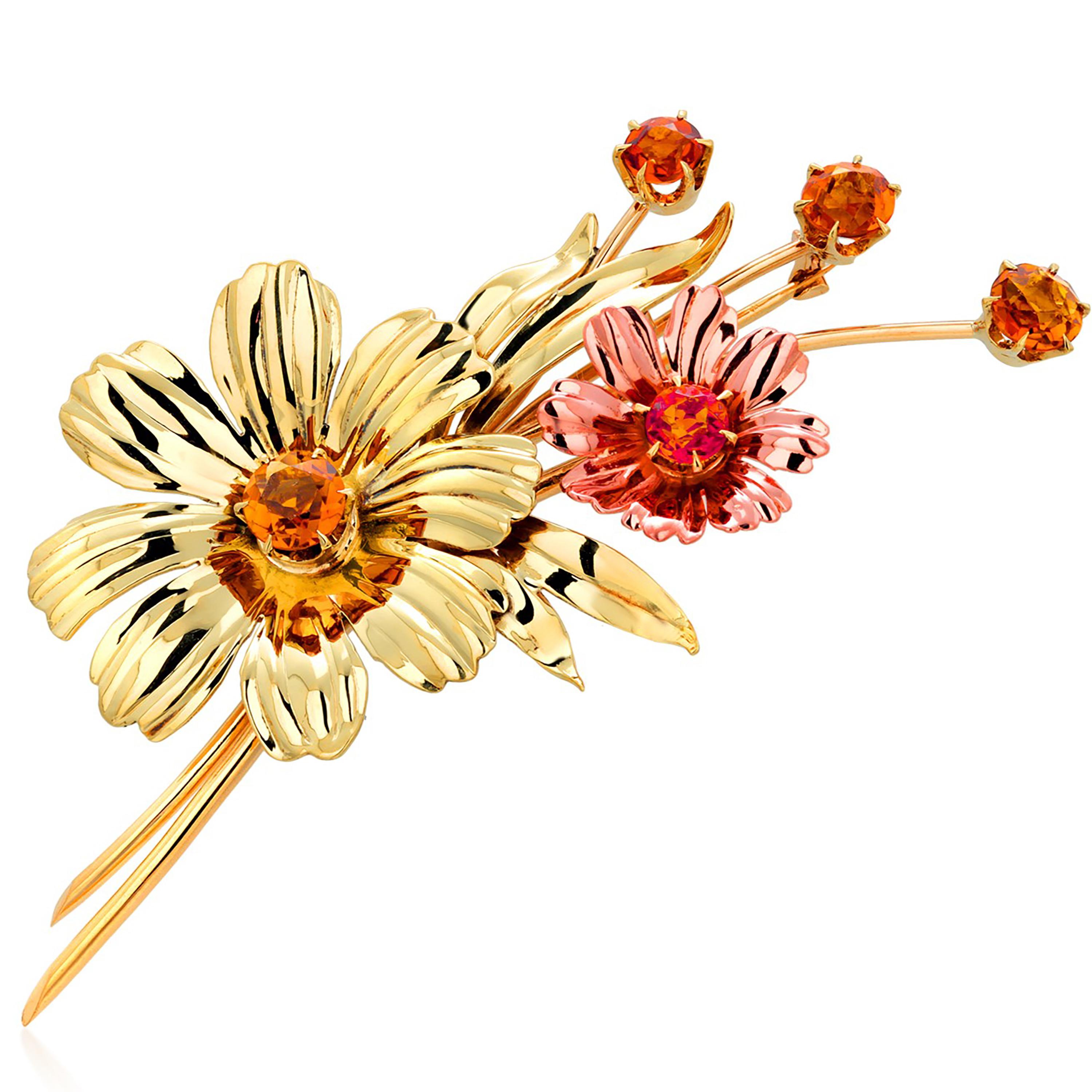 Tiffany Co Madeira Citrine Rose Yellow Gold Floral Motif 1940 Retro Deco Brooch In Good Condition For Sale In New York, NY