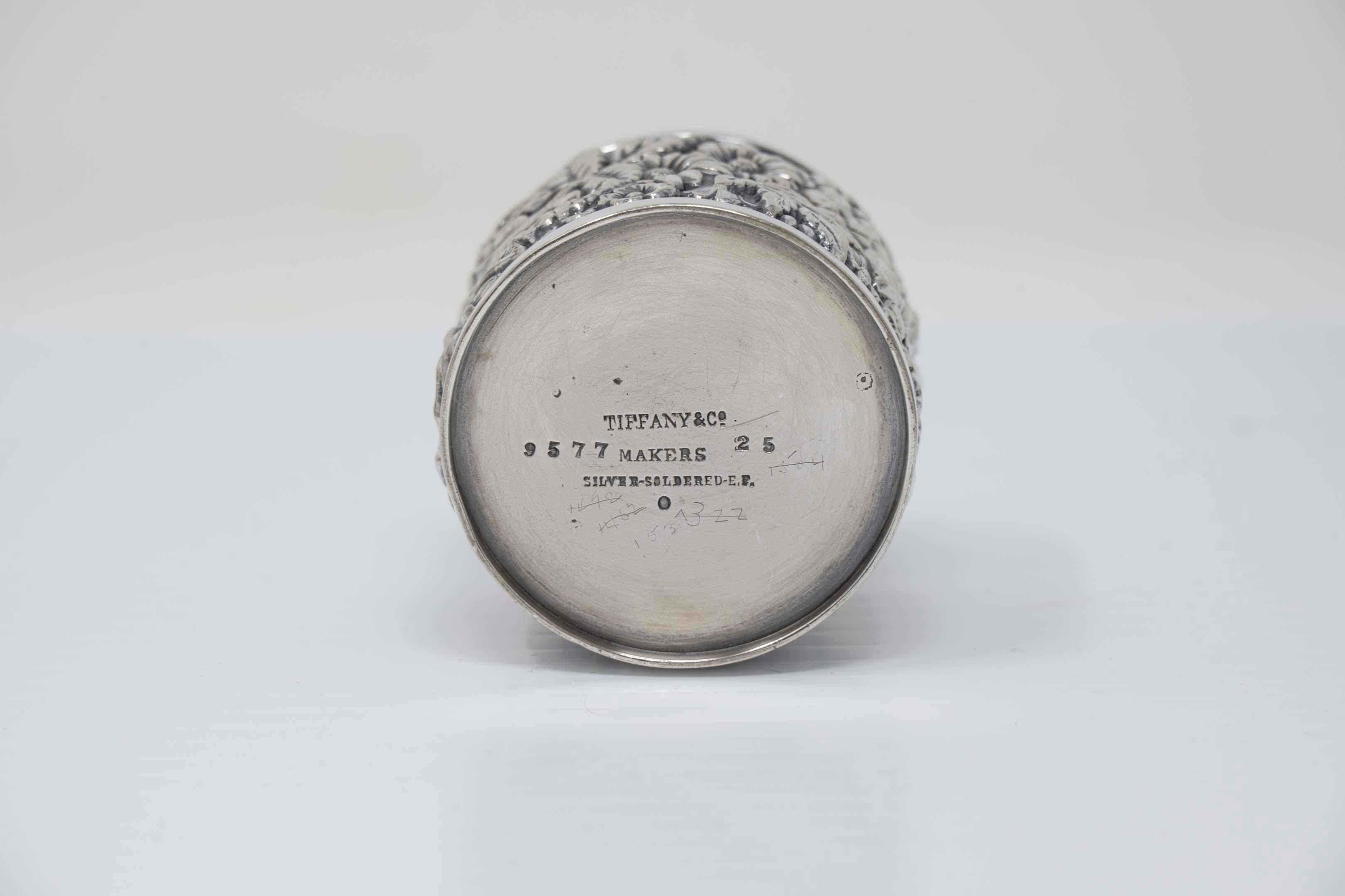 Tiffany and Co makers, 9577-25 silver soldered EF toothpick holder. Measures 40mm x 44mm in diameter, marked at the base. In good condition.
