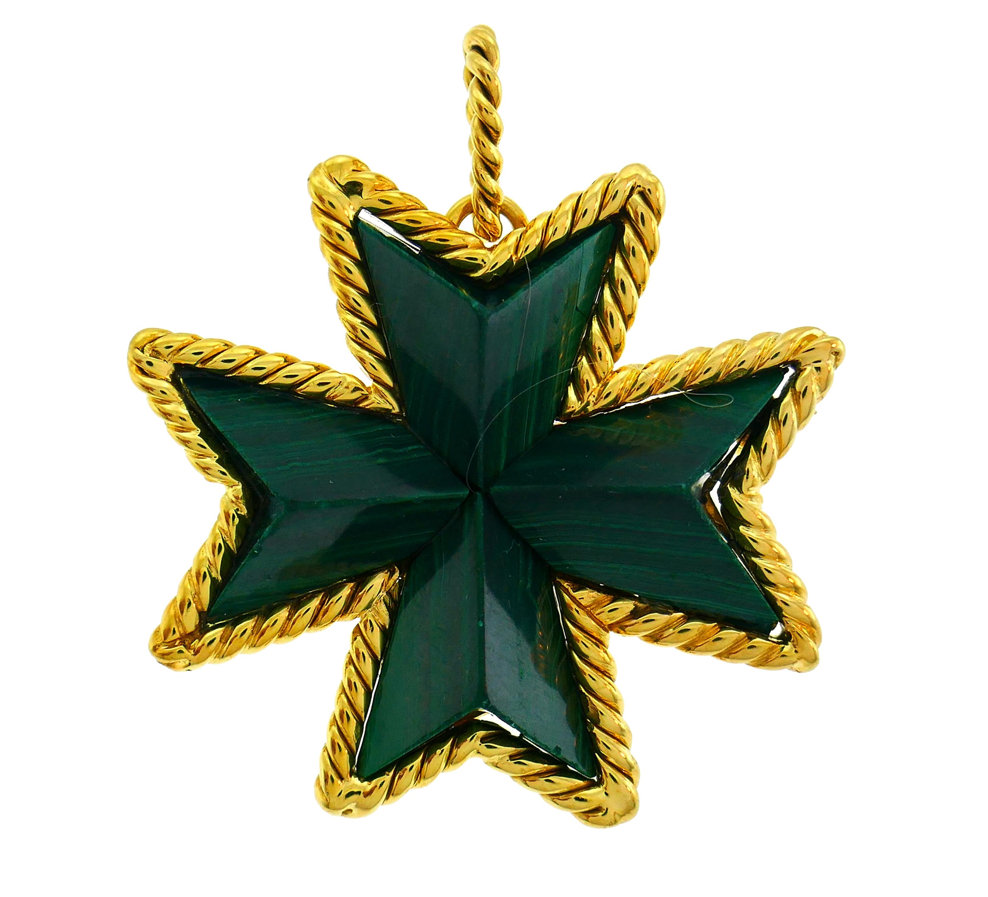 Tiffany & Co. Malachite Yellow Gold Pin Pendant Maltese Cross Brooch Clip