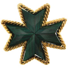 Tiffany & Co. Malachite Yellow Gold Pin Pendant Maltese Cross Brooch Clip