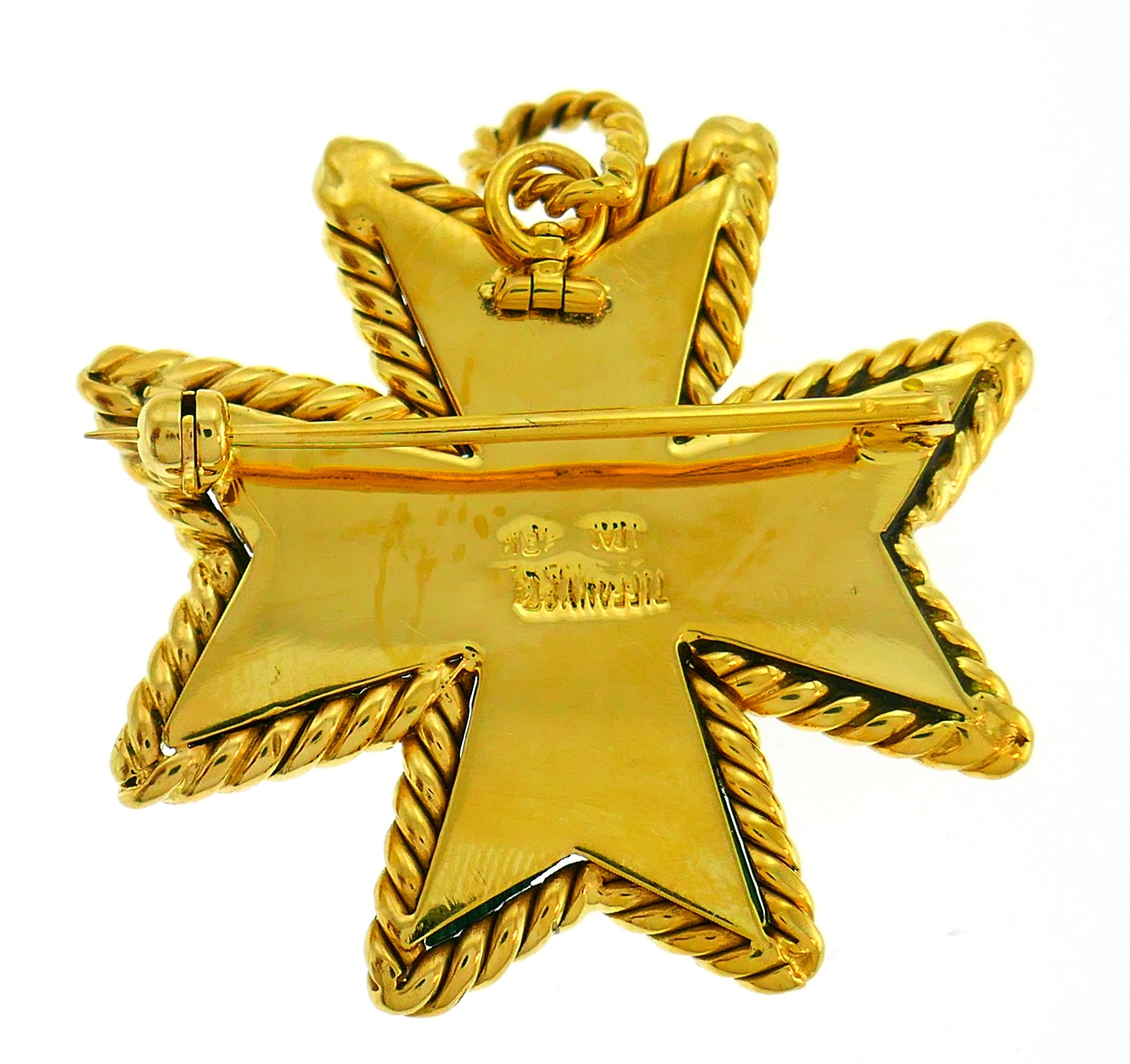 Uncut Tiffany & Co. Malachite Yellow Gold Pin Pendant Maltese Cross Brooch Clip