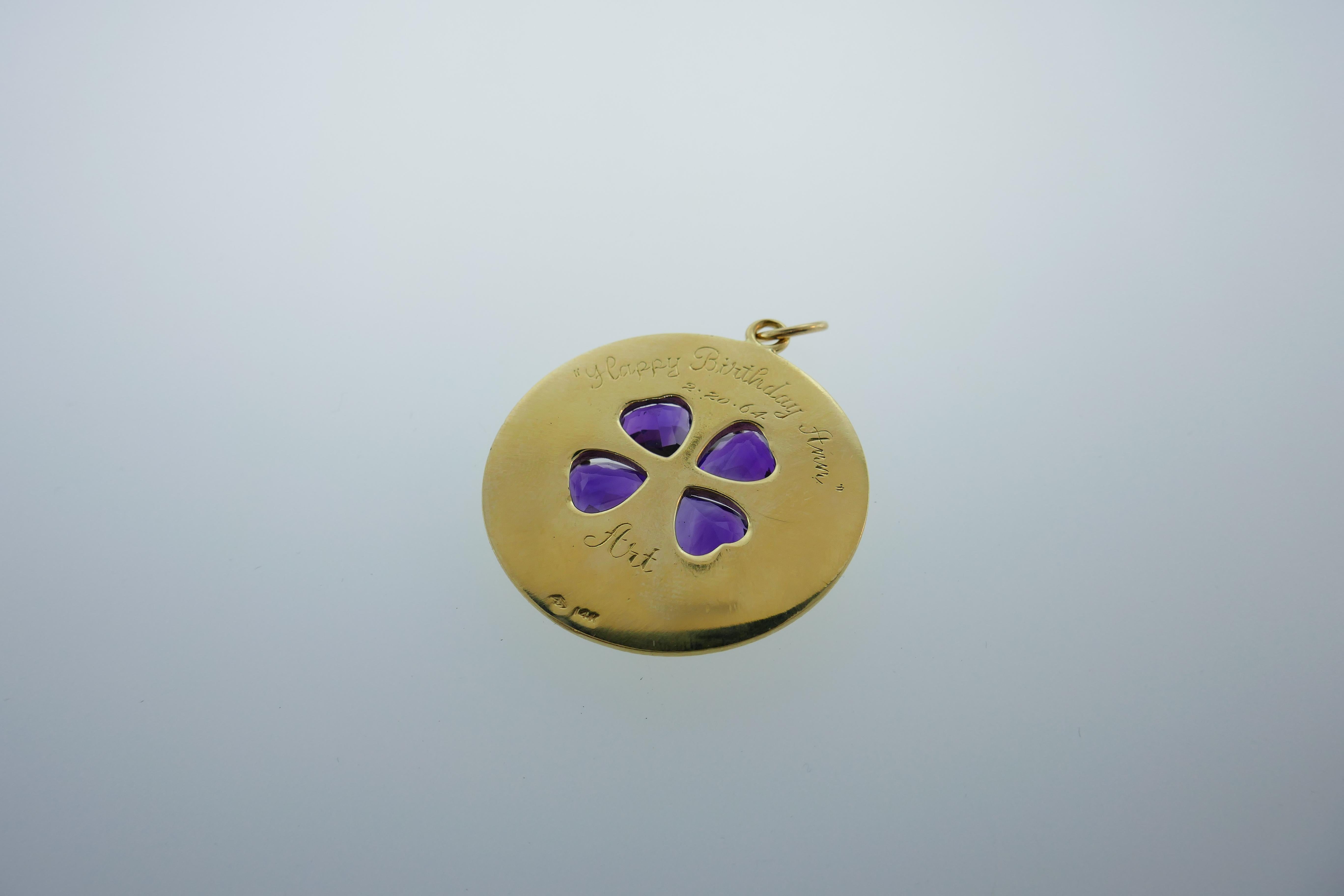 Tiffany & Co. Manufacturer 14k Yellow Gold & Amethyst Four Leaf Clover Pendant In Excellent Condition In Beverly Hills, CA