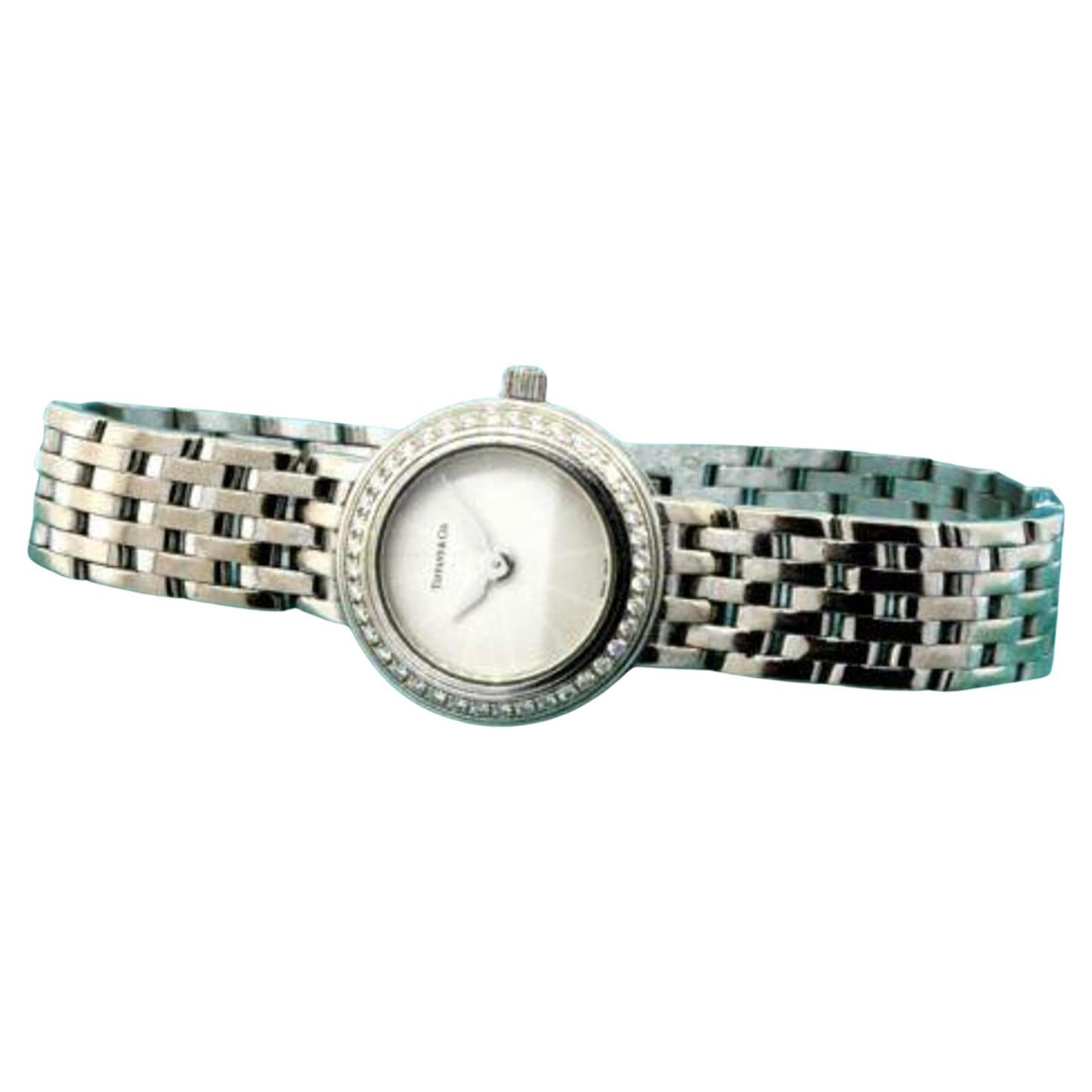 Tiffany & Co. Mark White Watch Ladies 18k White Gold Diamond Bezel Quartz 6.25" Petite en vente