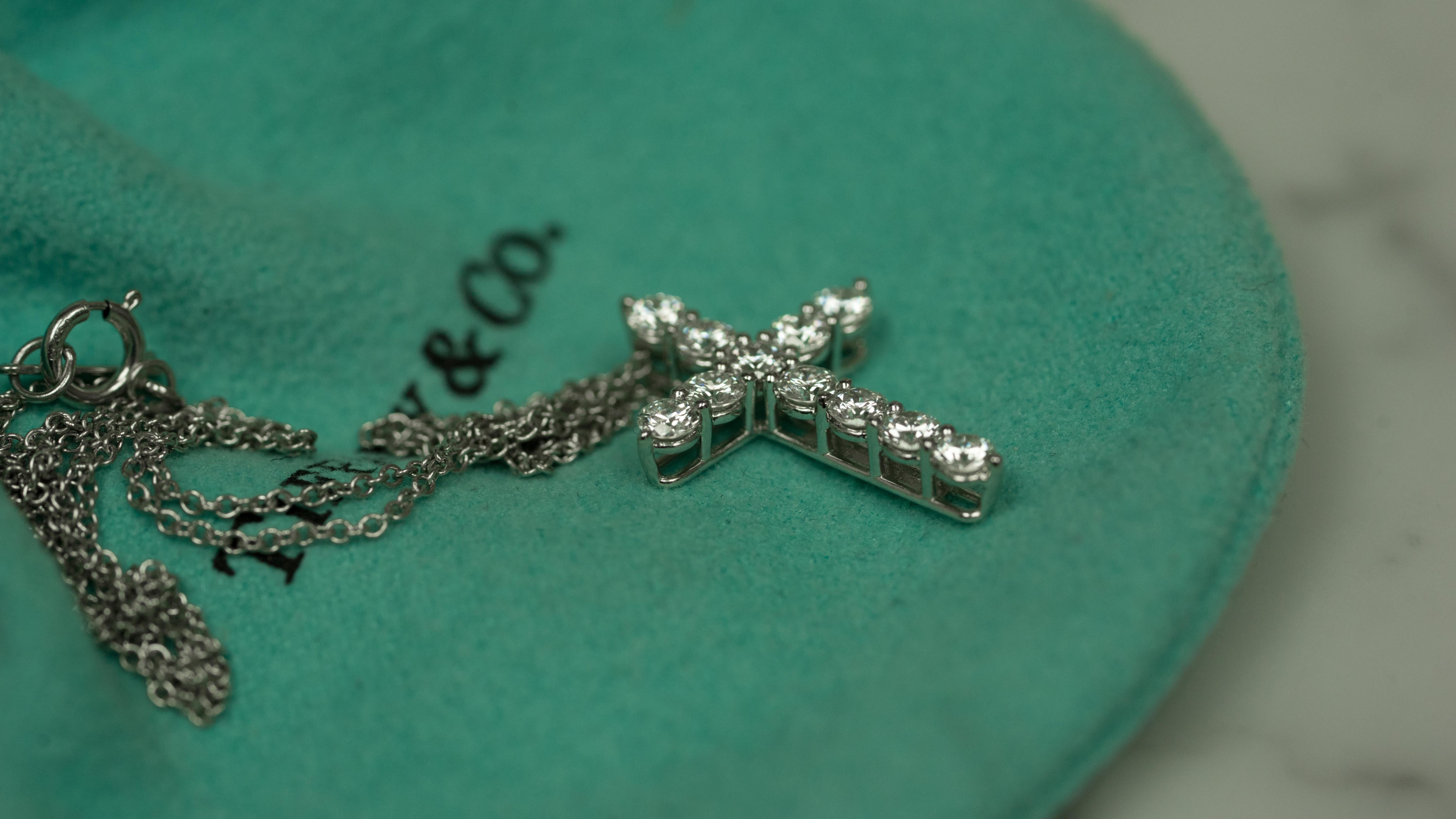 Round Cut Tiffany & Co. Medium Diamond Cross Pendant in Platinum, .90 Carat