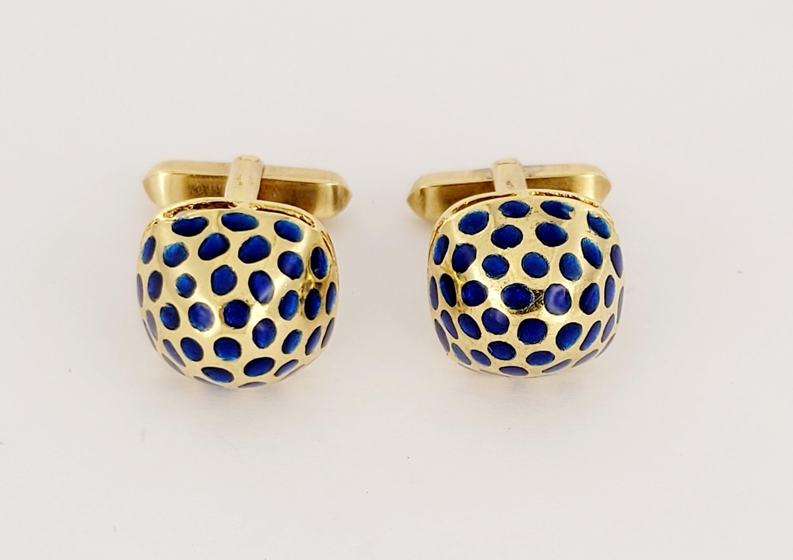 Tiffany & Co Men Mushroom Cufflinks 
Material 18K Yellow Gold
Shape Mushroom
Blue Enamel 
Length 27.7 mm
Head width 15.5mm Hight 8.8mm  
Cufflinks Weight 14.6gr
Condition new, never worn
Comes with Tiffany& Co Pouch