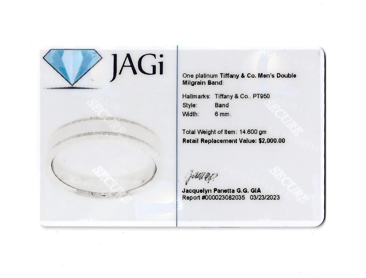 Tiffany & Co. Men's Double Milgrain Polished Platinum Wedding Band Ring For Sale 7