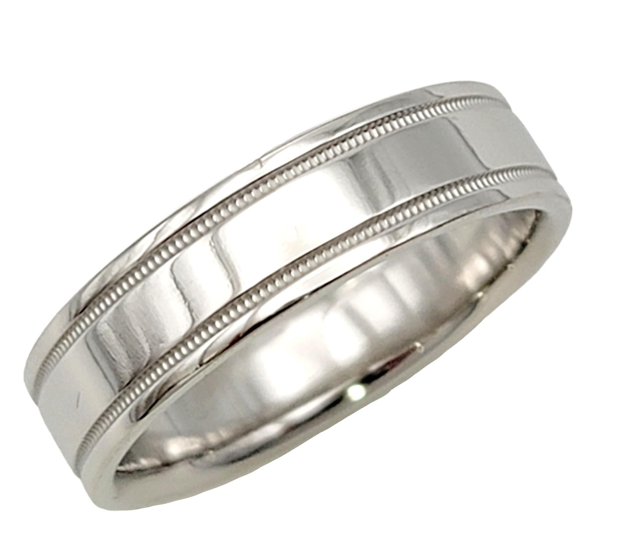 Ring size: 11

This classic mens band ring from Tiffany & Co. is the quintessential wedding ring. Founded in 1837 in New York City, Tiffany & Co. is one of the world's most storied luxury design houses recognized globally for its innovative jewelry