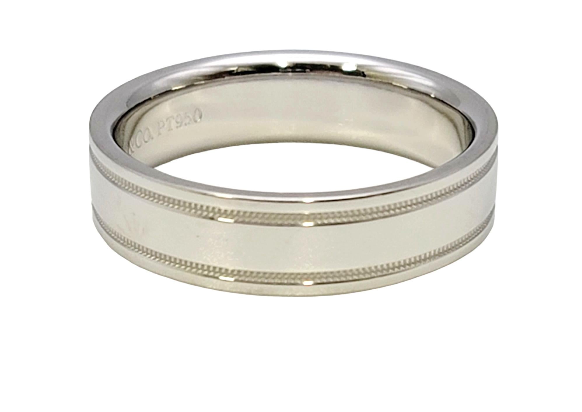 Contemporary Tiffany & Co. Men's Double Milgrain Polished Platinum Wedding Band Ring For Sale