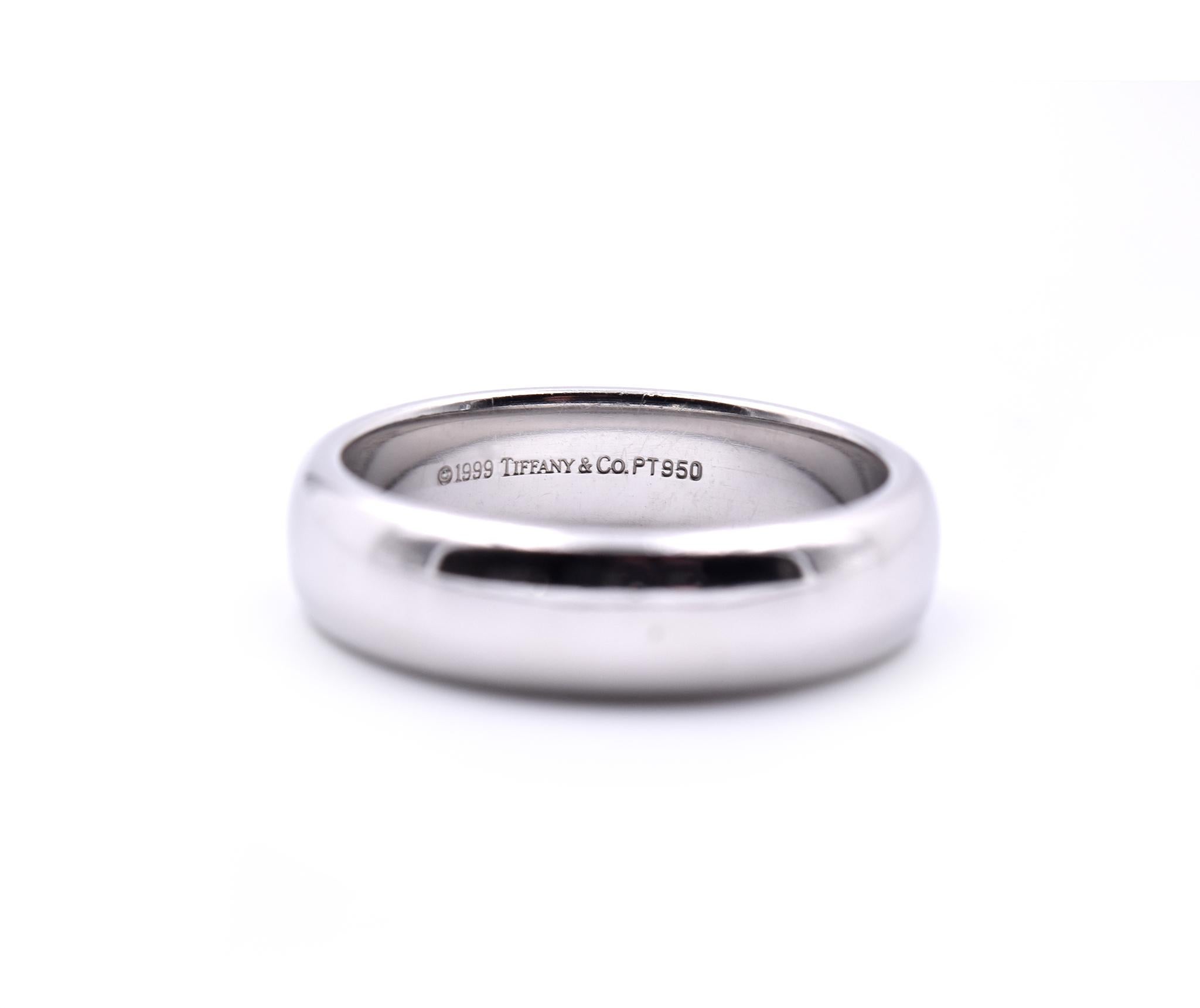 Designer: Tiffany & Co.
Material: Platinum
Ring Size: 10 ¼ 
Dimensions: band measures 6.03mm in width
Weight: 16.25 grams	
