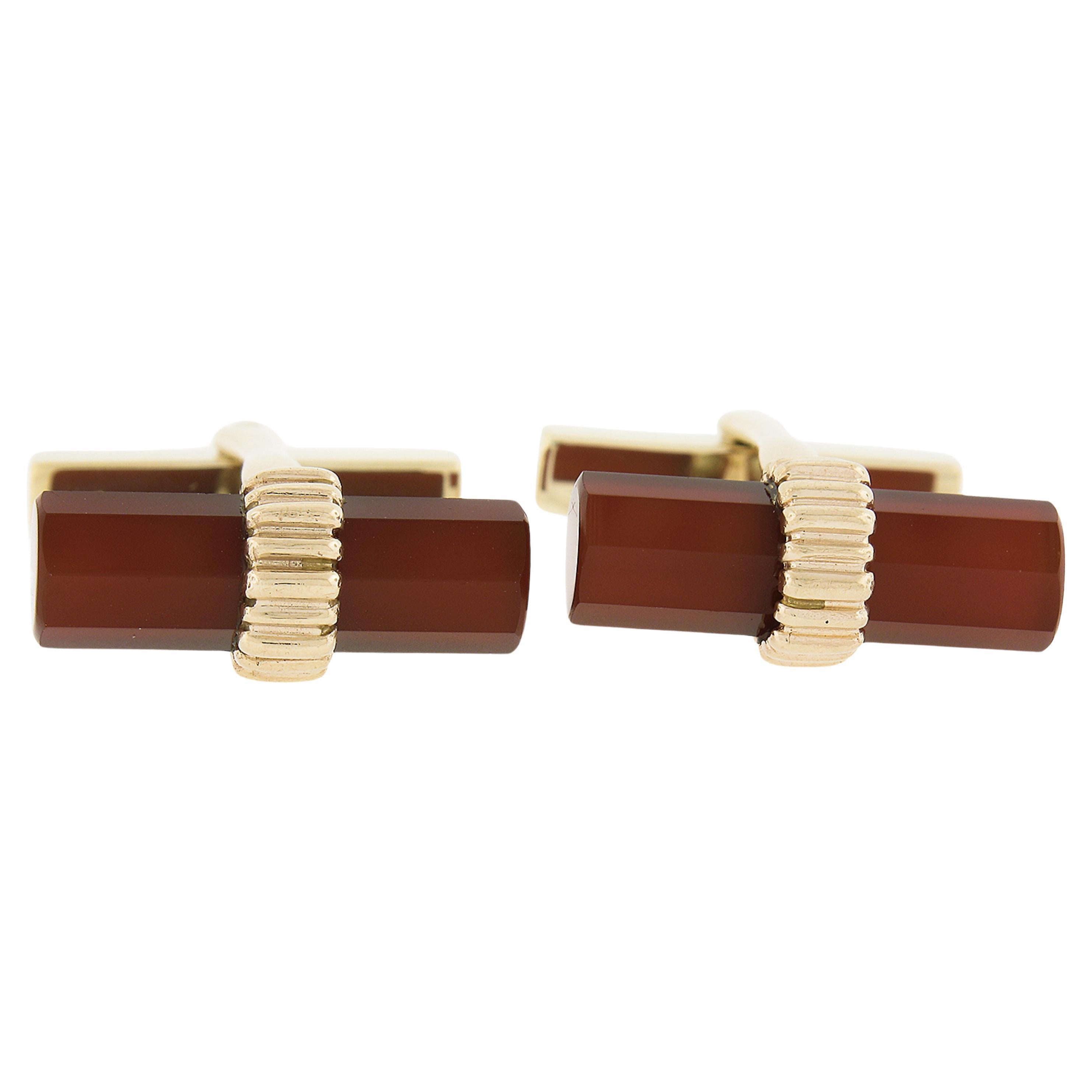 Tiffany & Co. Men's Solid 14k Yellow Gold Faceted Cylinder Carnelian Cufflinks