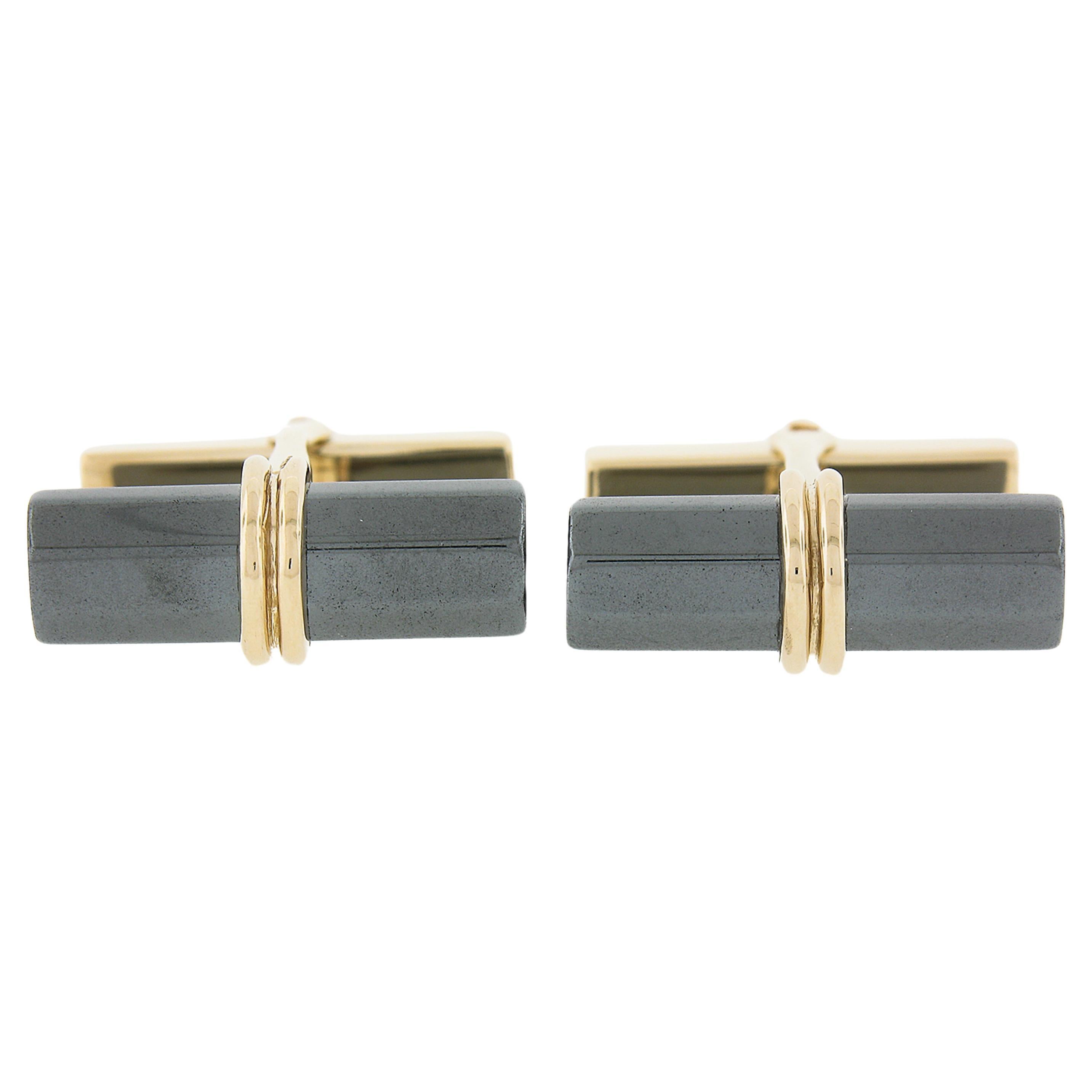 Tiffany & Co. Men's Solid 14k Yellow Gold Faceted Cylinder Hematite Cufflinks