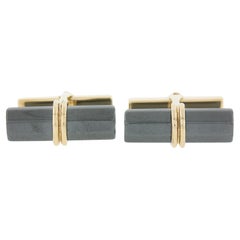 Tiffany & Co. Men's Solid 14k Yellow Gold Faceted Cylinder Hematite Cufflinks