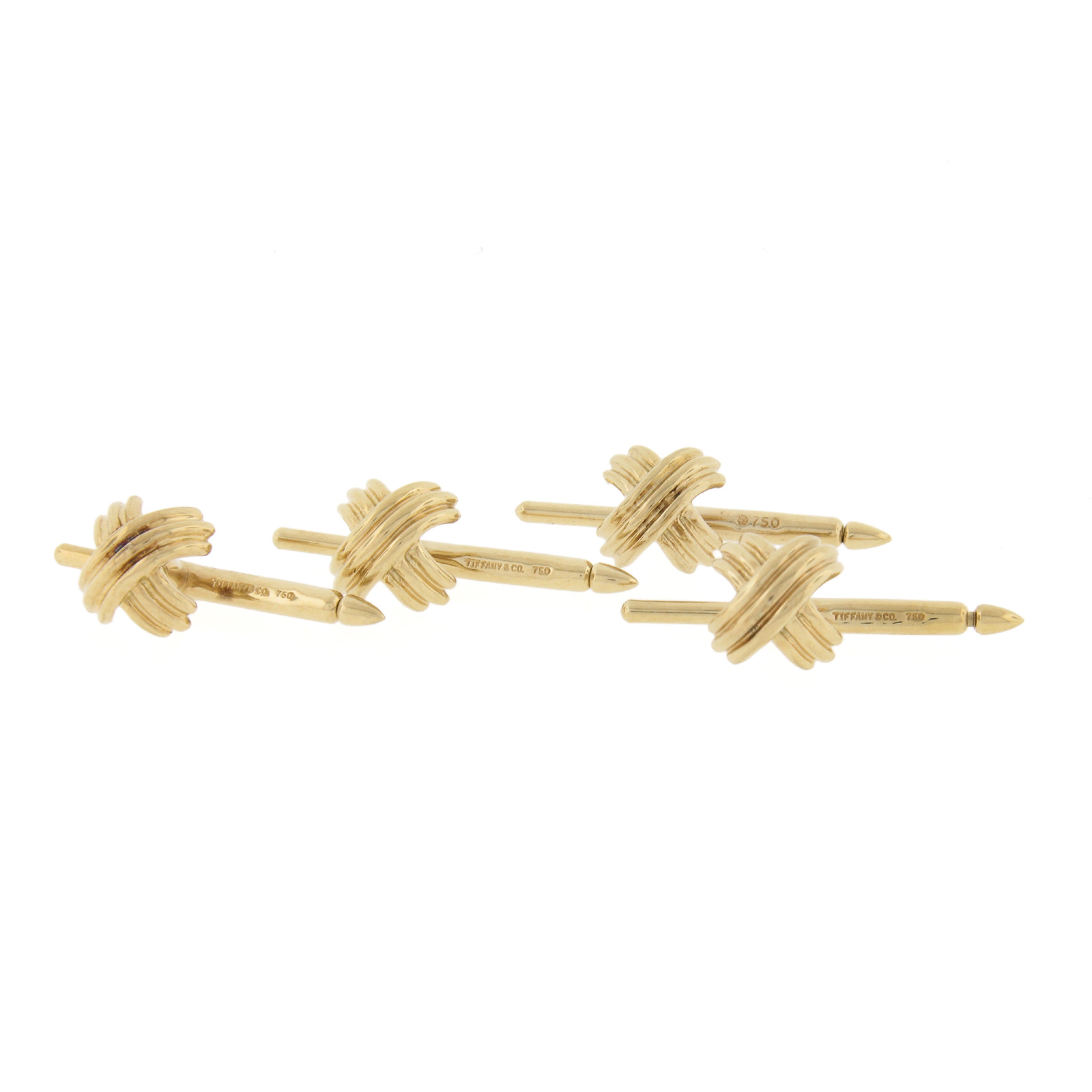 Men's Tiffany & Co. Mens Solid 18k Yellow Gold Grooved X Cuff Link & 4 Button Stud Set