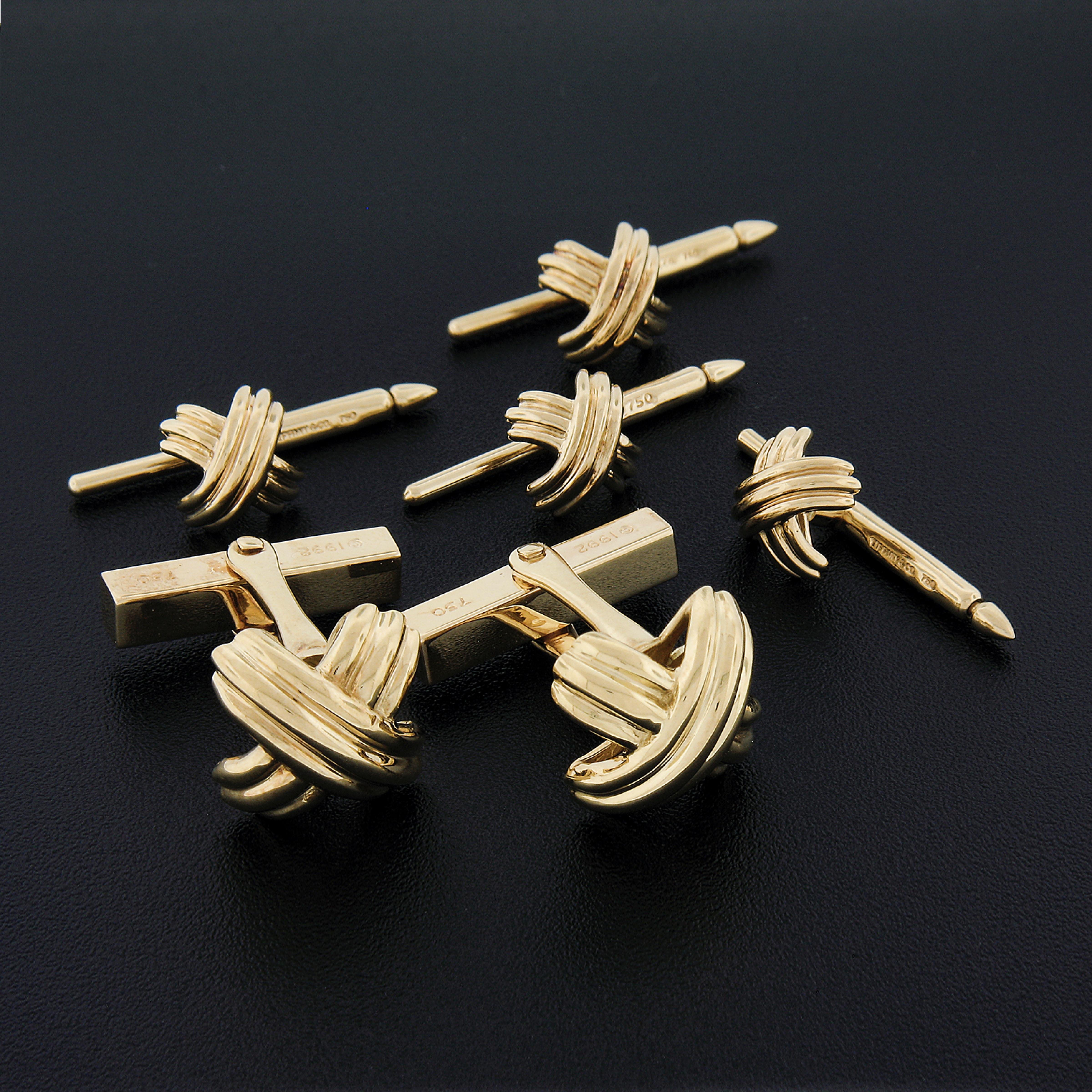 Tiffany & Co. Mens Solid 18k Yellow Gold Grooved X Cuff Link & 4 Button Stud Set 2
