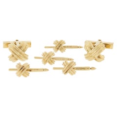 Tiffany & Co. Mens Solid 18k Yellow Gold Grooved X Cuff Link & 4 Button Stud Set