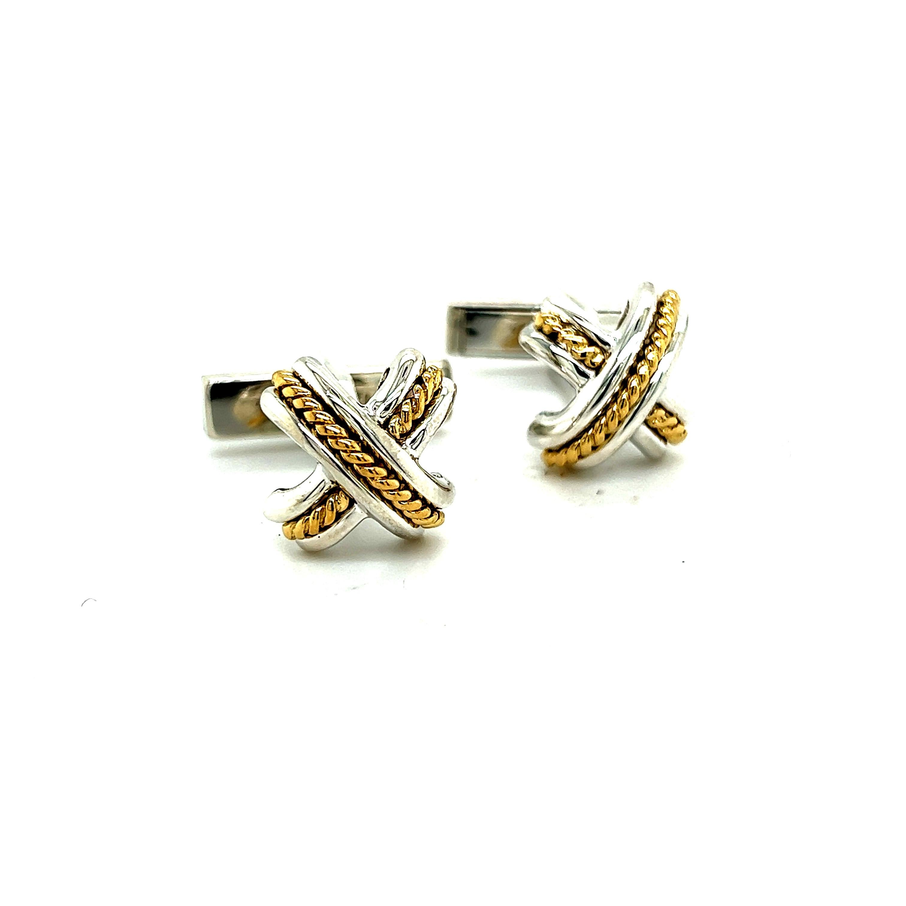 Tiffany & Co Herren X Manschettenknöpfe mit Signatur 18k Gold Sterlingsilber Nachlass von Tiffany & Co im Angebot 3