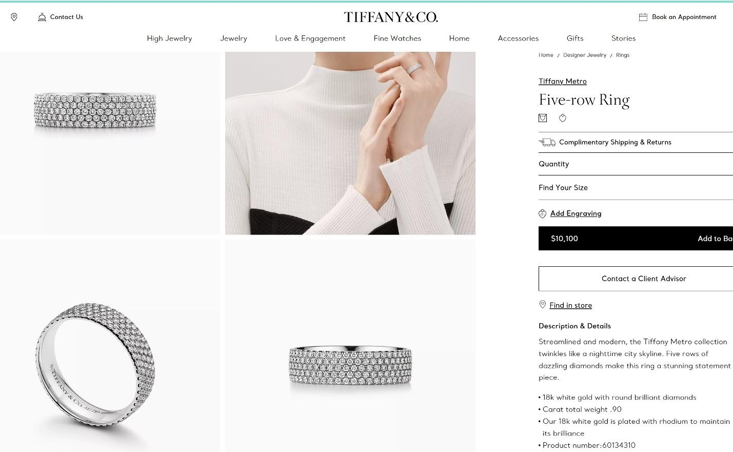 TIFFANY & Co. Metro 18K Weißgold Fünfreihiger Diamantring mit fünf Reihen 5 2