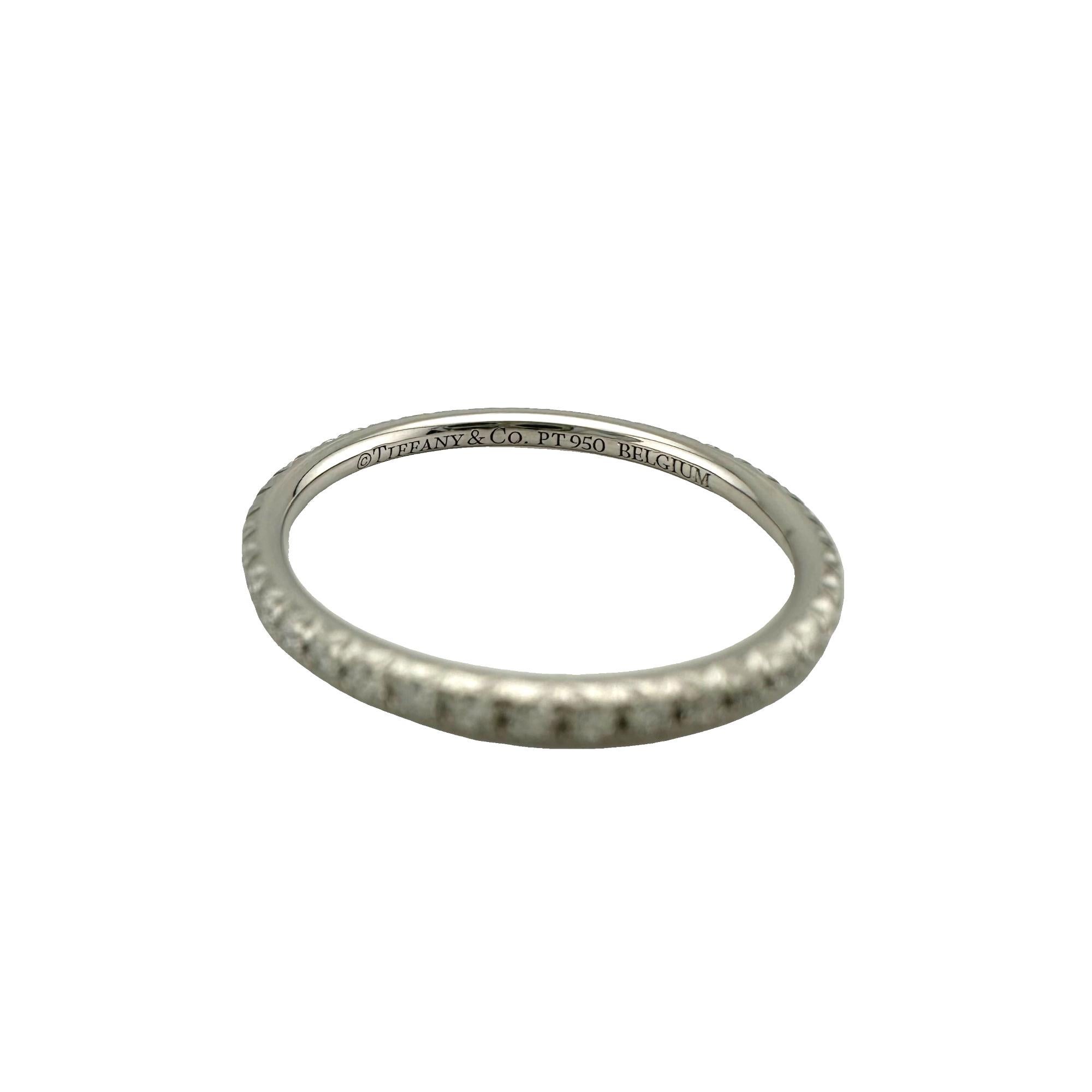 Tiffany & Co Metro Full Eternity Diamond Band Ring
Style:  Band
Ref. number:  63481580
Metal:  Platinum PT50
Size / Measurements:  1.6 mm
Diamonds:  Round Brilliant Diamonds 0.20 tcw
Hallmark:  ©TIFFANY&Co. PT950 BELGIUM
Includes:  T&C Jewelry