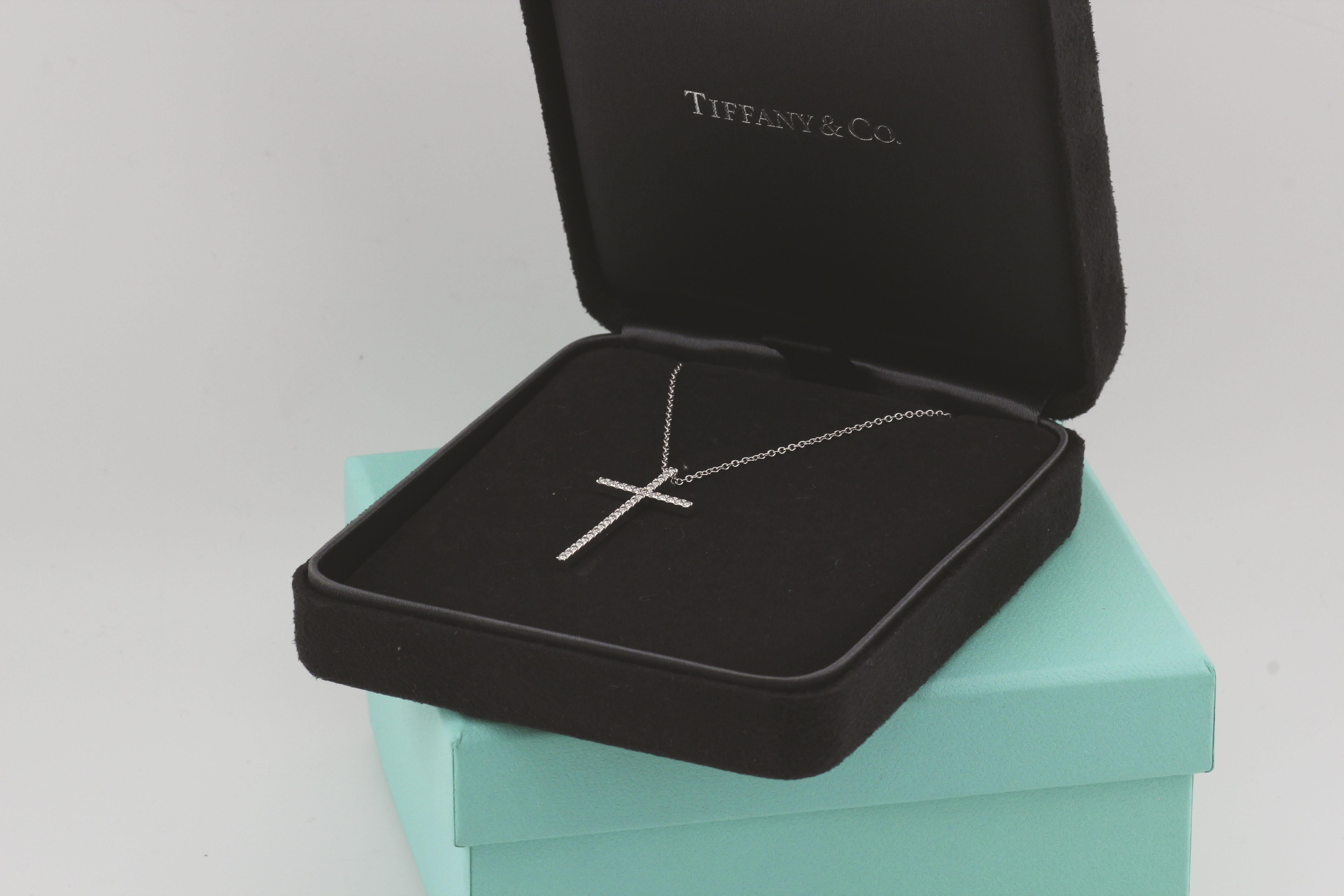 Brilliant Cut Tiffany & Co. Metro Large Diamond 18K White Gold Cross Pendant Necklace For Sale