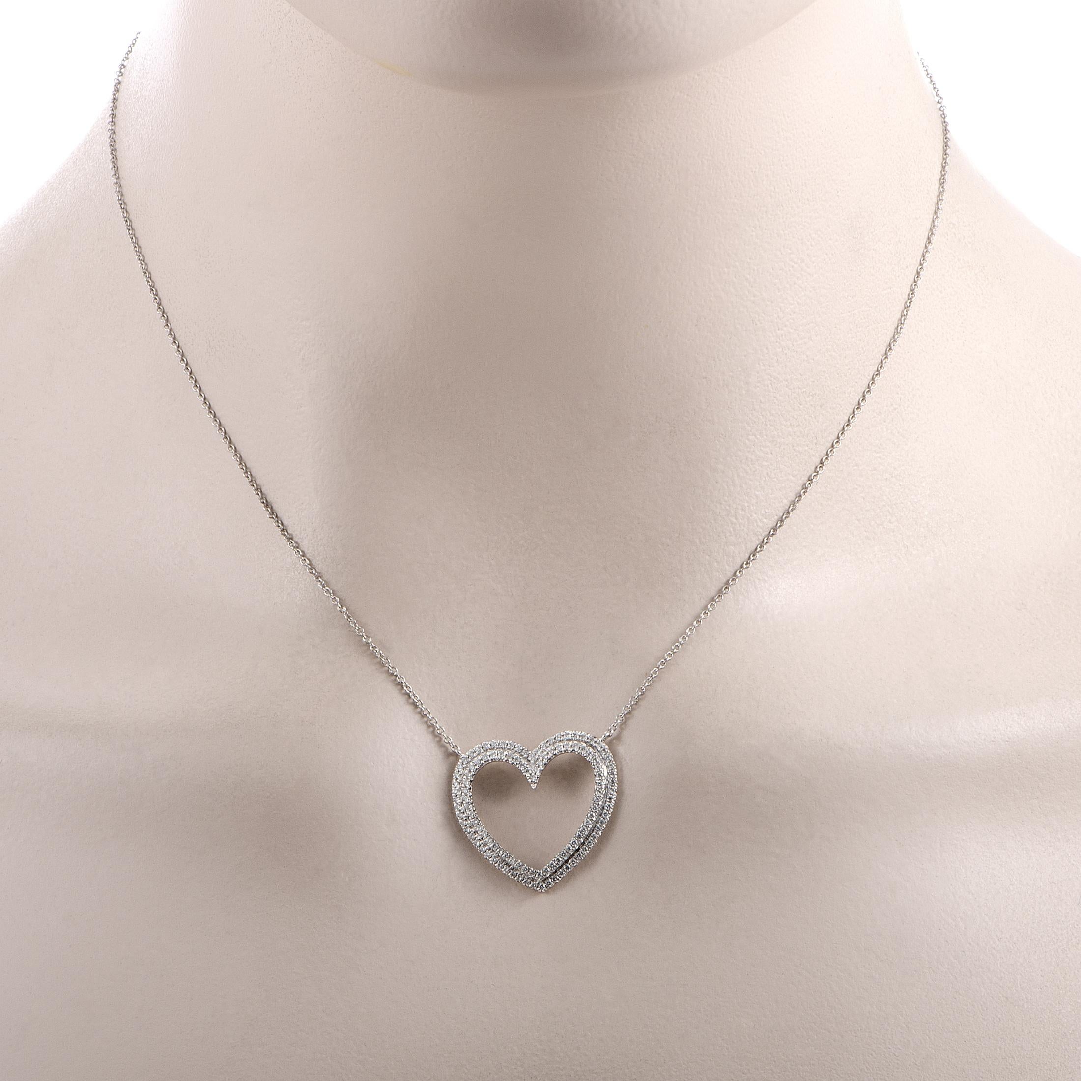 The Tiffany & Co. “Metro” necklace is crafted from platinum, boasting a 15.00” chain with spring ring closure and a heart pendant that measures 0.88” by 0.88”. The necklace weighs 5.1 grams and is set with a total of 0.57 carats of diamonds.
 
