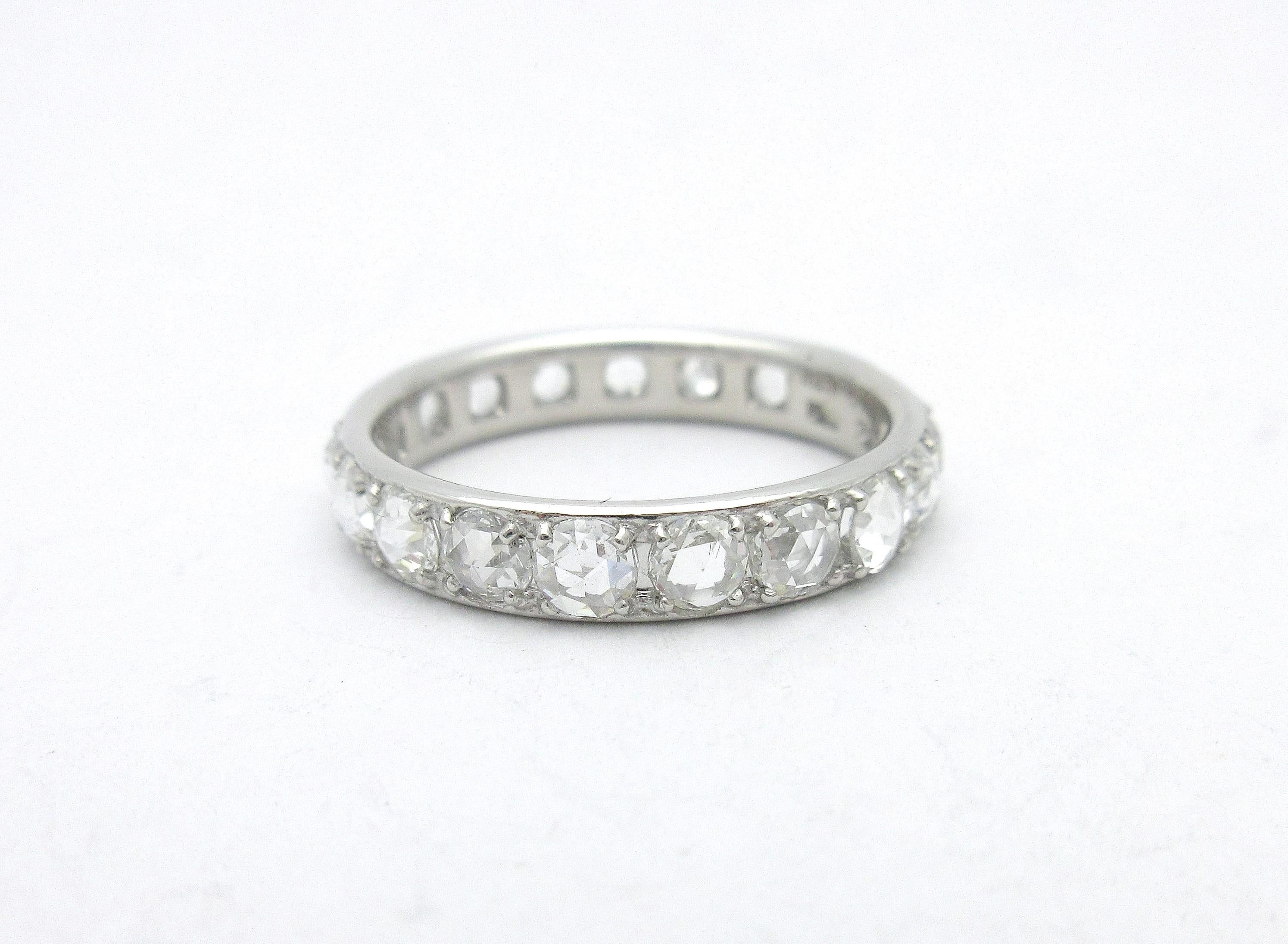 This gorgeous Tiffany & Co eternity band from the Metro Collection brings antiquity into the mainstream. The 18k white gold ring is set with sparkling rose cut diamonds weighing approximately 1.14cttw. The 3.75mm band can be stacked with other